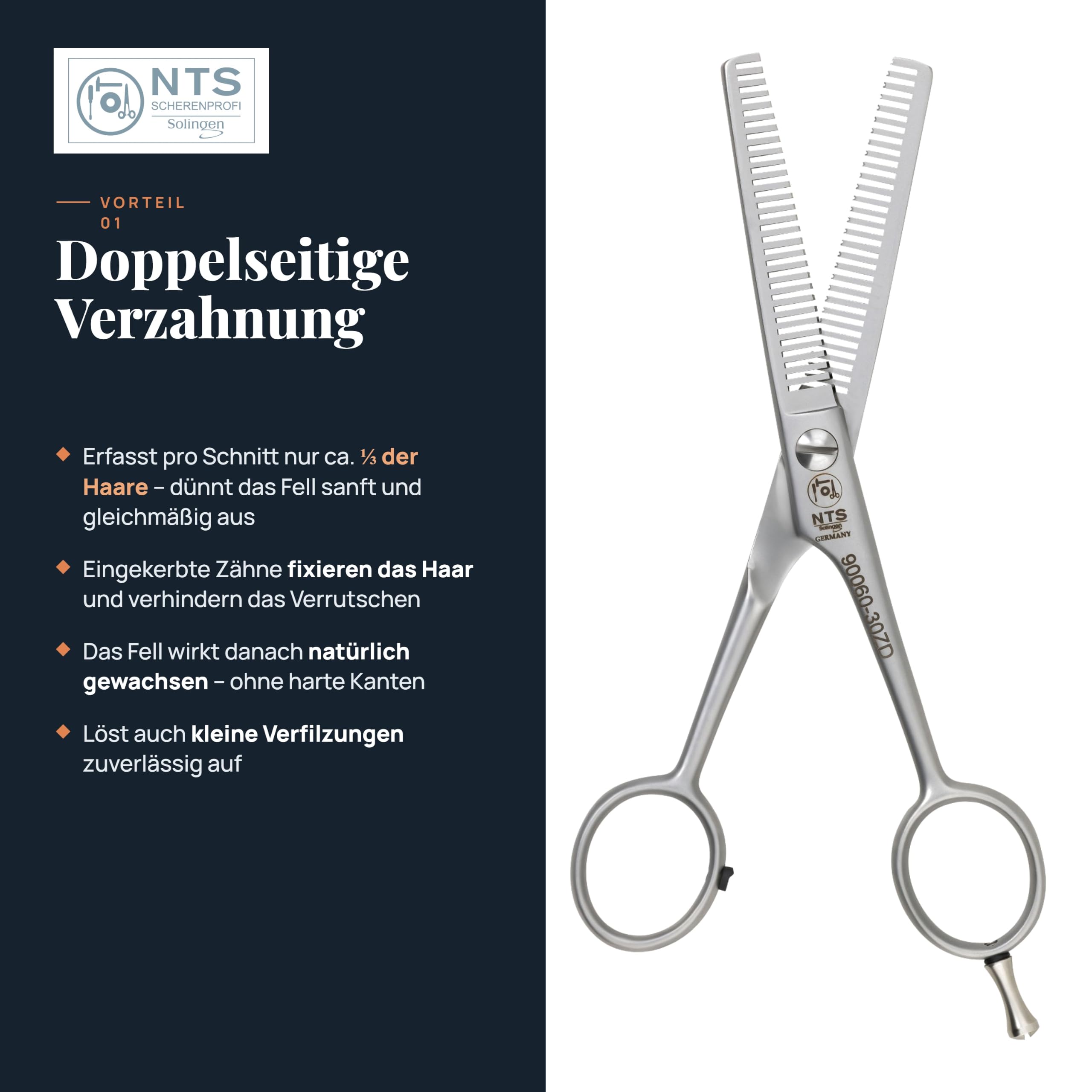 Hundeschere/Fellschere - Dog-Pet Line ROSTFREI, matt satiniert • Fell-Modellierschere (Zähne doppelseitig) Effilierschere