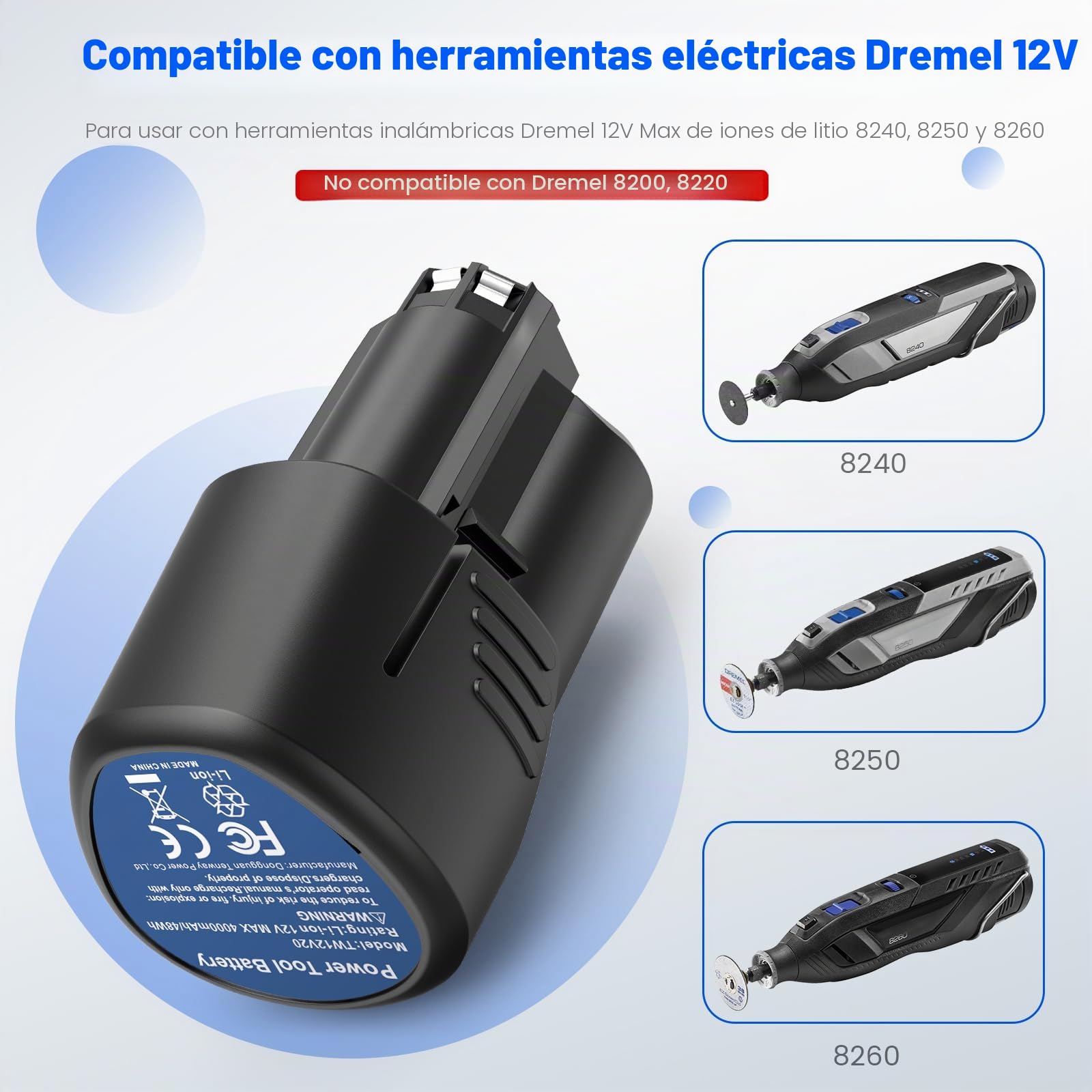 ASUNCELL Batería de iones de litio para Dremel 8260, 8240 y 8250, 4000 mAh, herramienta multifunción de 12 V y 4 Ah, batería de repuesto de iones de litio