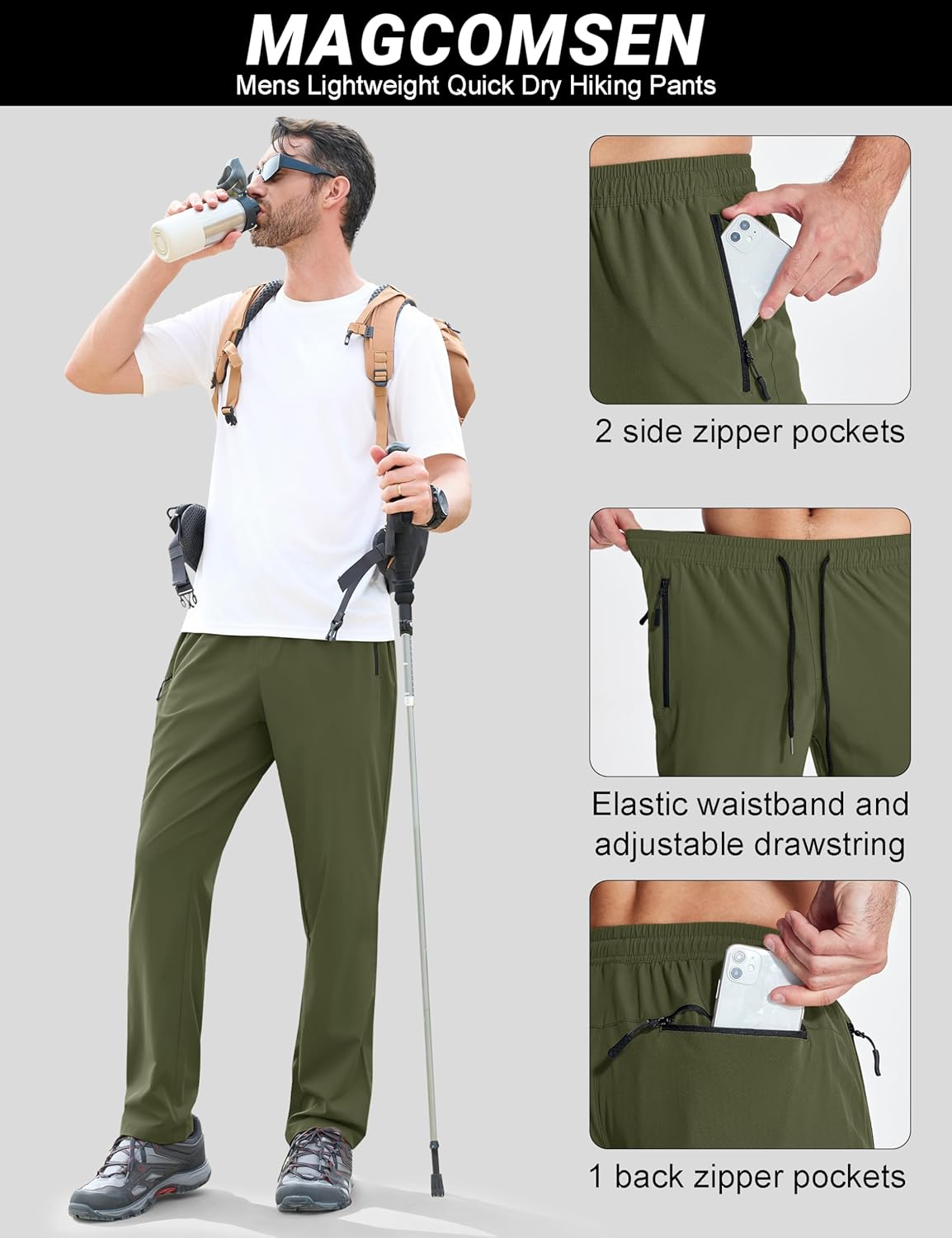 MAGCOMSEN Mens Hiking Pants Lightweight Quick Dry Workout Athletic Jogger with Zipper Pockets Golf Running Gym