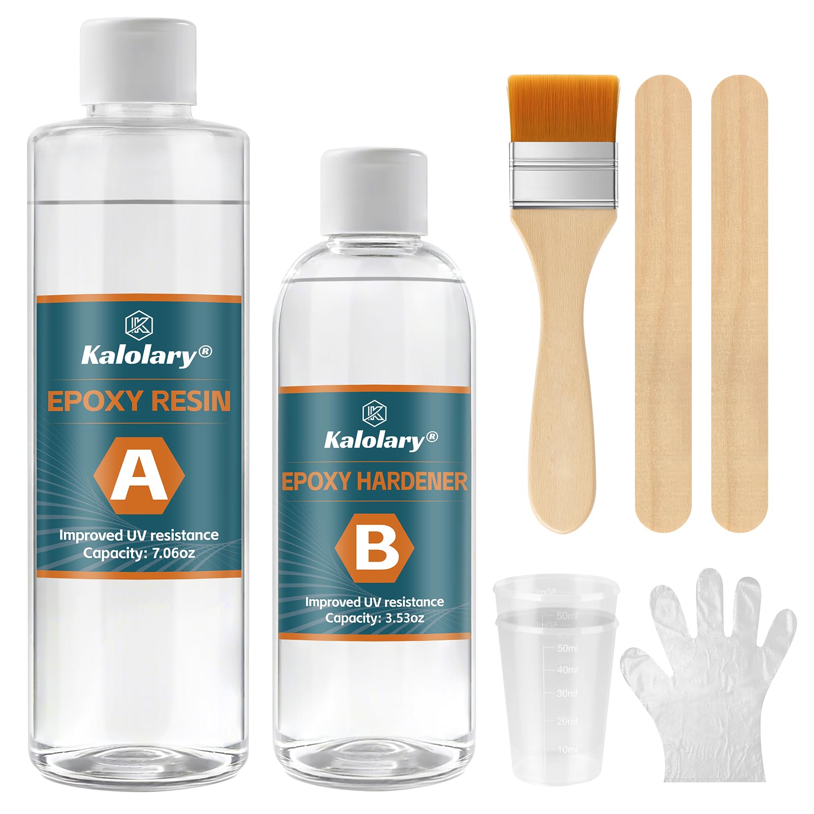 Kalolary 8PCS Kit de Réparation Fibre de Carbone, Résine Époxy 200g, Durcisseur 100g, Gobelets Doseurs, Bâtonnets de Mélange, Gants et Pinceau pour Réparations DIY Auto, Meubles, Vélos et Bateaux