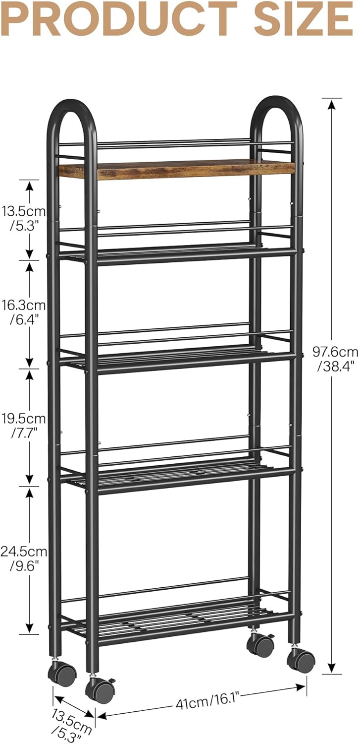 Slim Storage Cart, 5 Tier Narrow Utility Cart with Metal Frame and Wooden Top, Rolling Storage Organizer Shelving Unit for Kitchen, Dining Room, Living Room,Home Office, Vintage