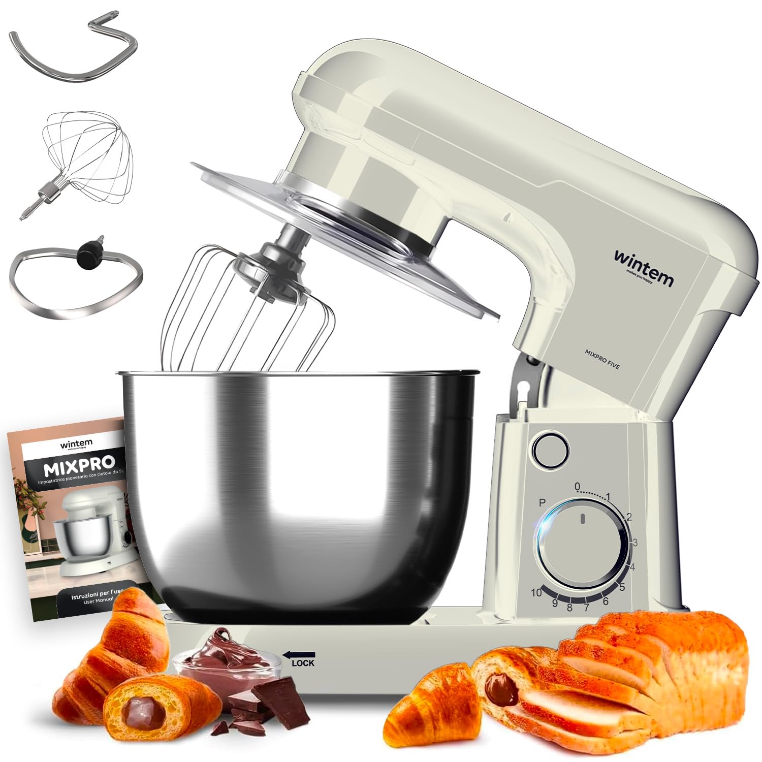 Wintem - Planetaria Silenziosa Multifunzione 1500W con Ricettario e Accessori Inclusi, Ideale per Impasti Dolci e Salati, Mixer con 10 Velocità e Funzione Pulse, Ciotola Acciaio 5L