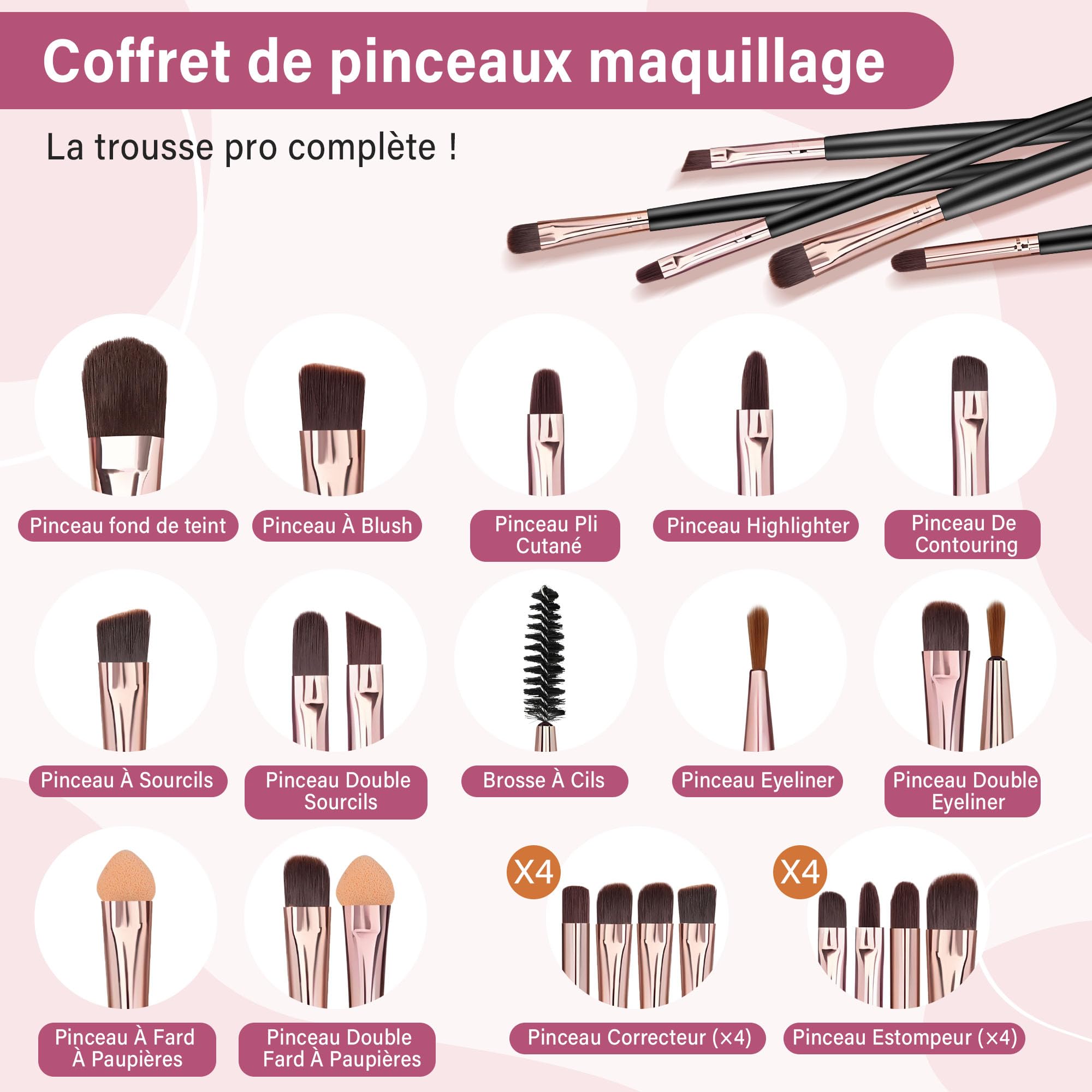 20 Pièces Pinceaux Maquillages, Pinceau de Maquillage Professionnels pour Fond de Teint, teint et fard à paupières, Kit Pinceaux Maquillage, Idéal pour Débutants et Professionnels