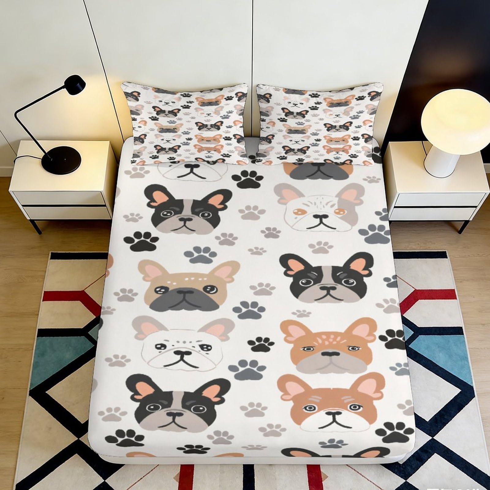 3D Printed French Bulldog Pattern Fitted Sheet Microfiber Soft Breathable Paw Prints Bed Cover for Bedroom Dormitory Guest Room Mattress Protection 140x200x25cm