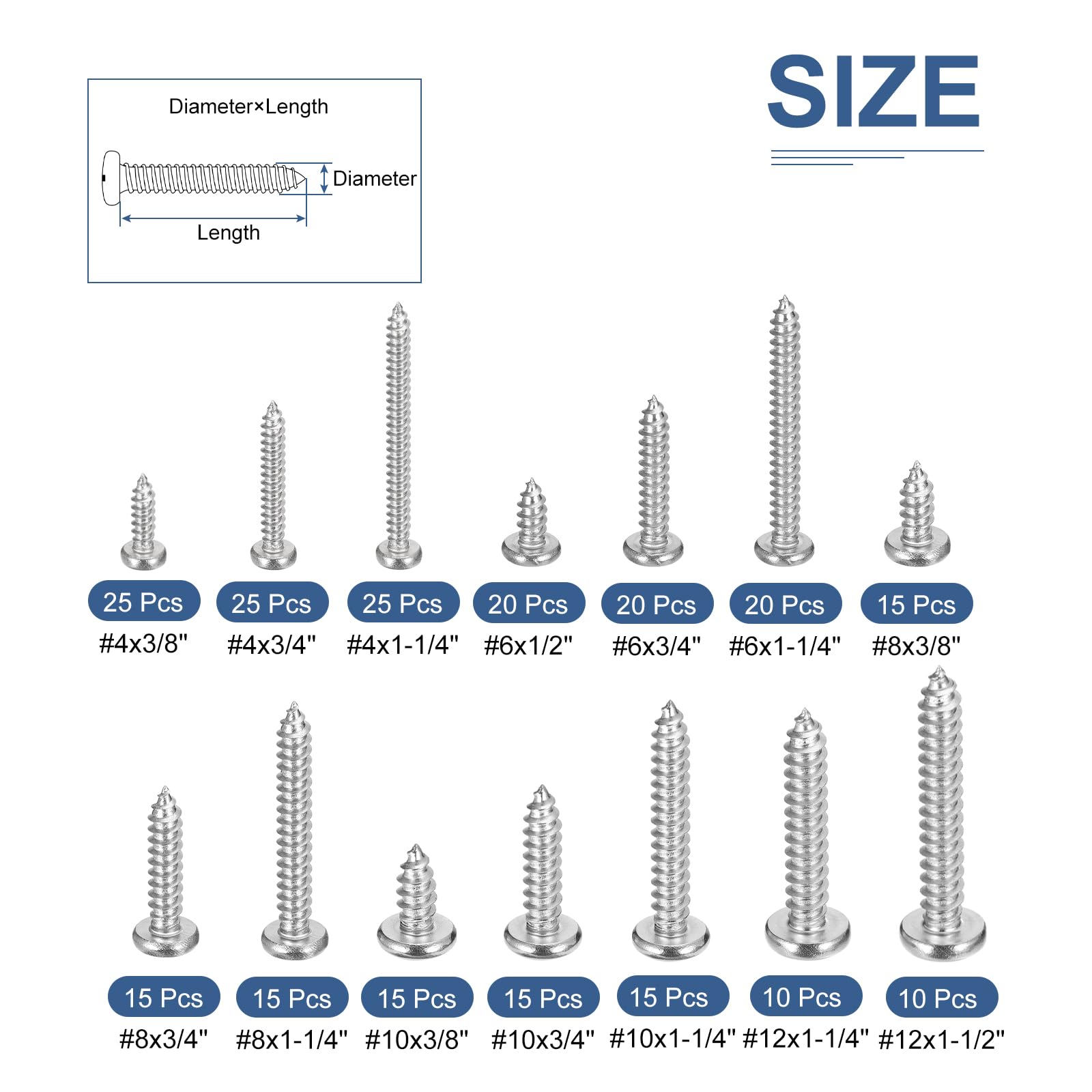 DTGN 304 Stainless Steel Pan Head Self Tapping Screws Wood Screws Assortment Kit - Image 2