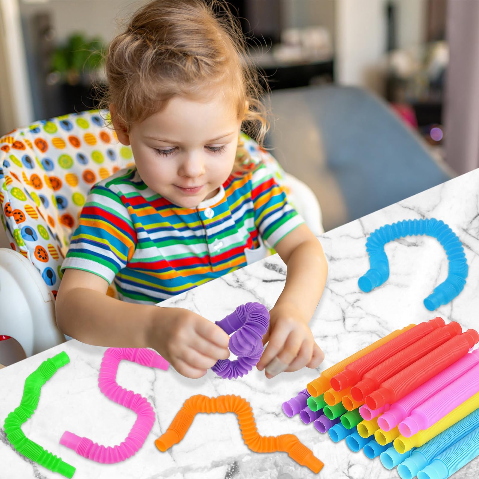 24 Tubos Sensoriales Pop Elásticos (8 Colores) - Juguetes Fidget Extensibles Y Conectables Para Niños Y Adultos