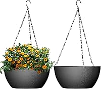 WSMKSZ 10 Inch Hanging Planters 2 Pack Black - Drainage Holes, Chains for Indoor Outdoor Plants, Garden Porch Decor