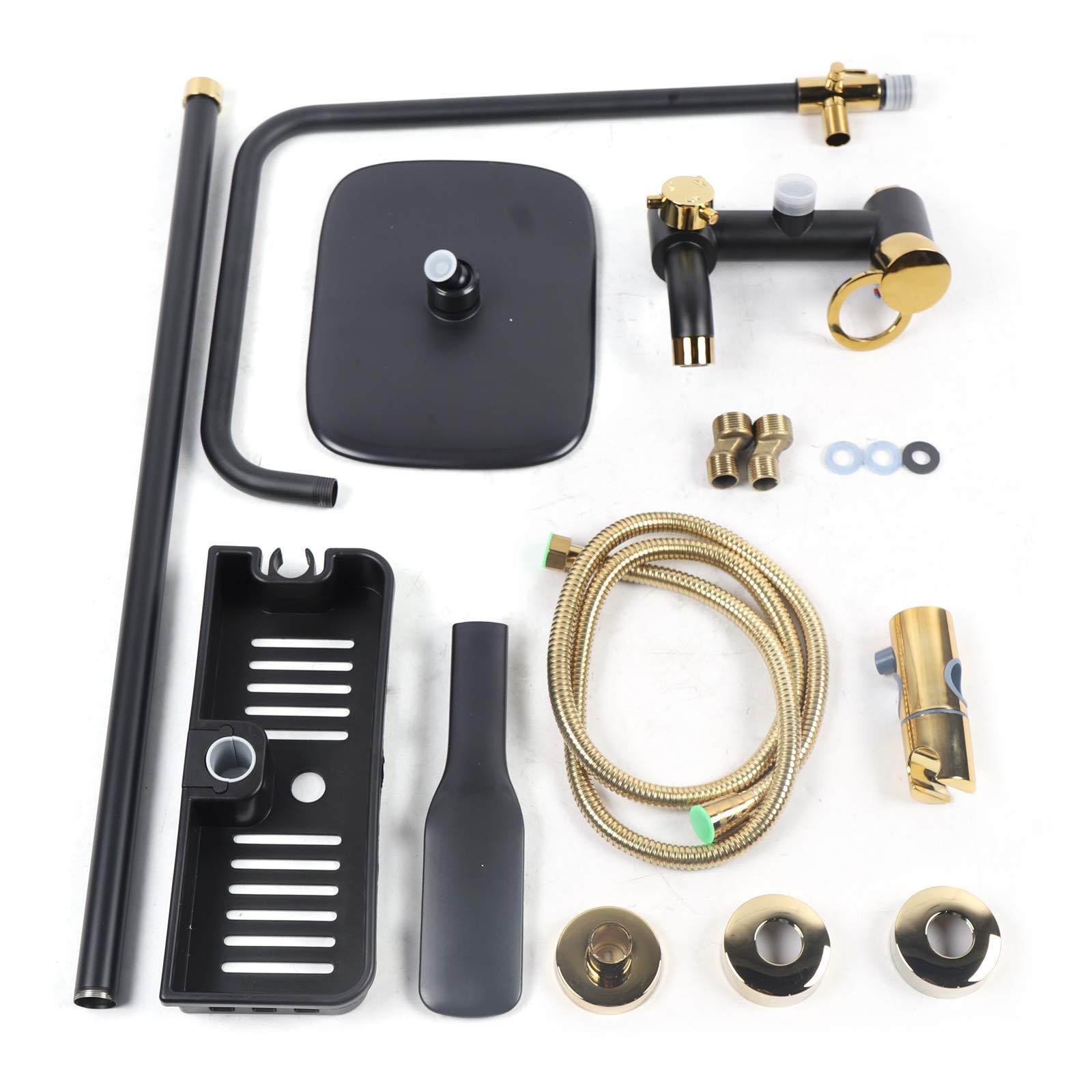 Sistemas de ducha, juegos de ducha, con estante pequeño, accesorios Rainshower, ducha de mano con disco (negro), ducha suave, características de ahorro de agua (negro + dorado)