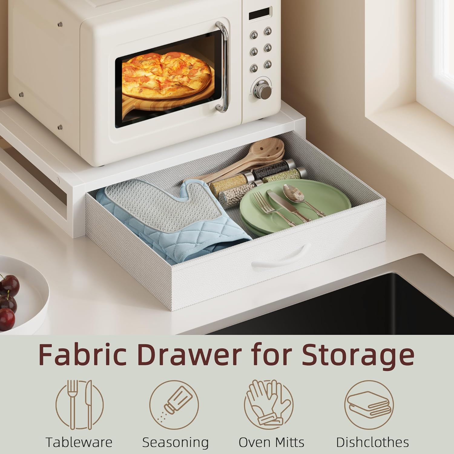 Countertop Small Microwave Stand with Storage Drawer, 2-Tier Kitchen Microwave Shelf Rack, Heavy Duty Microwave Stand for Kitchen Organizer, 17.3"×11.8" White