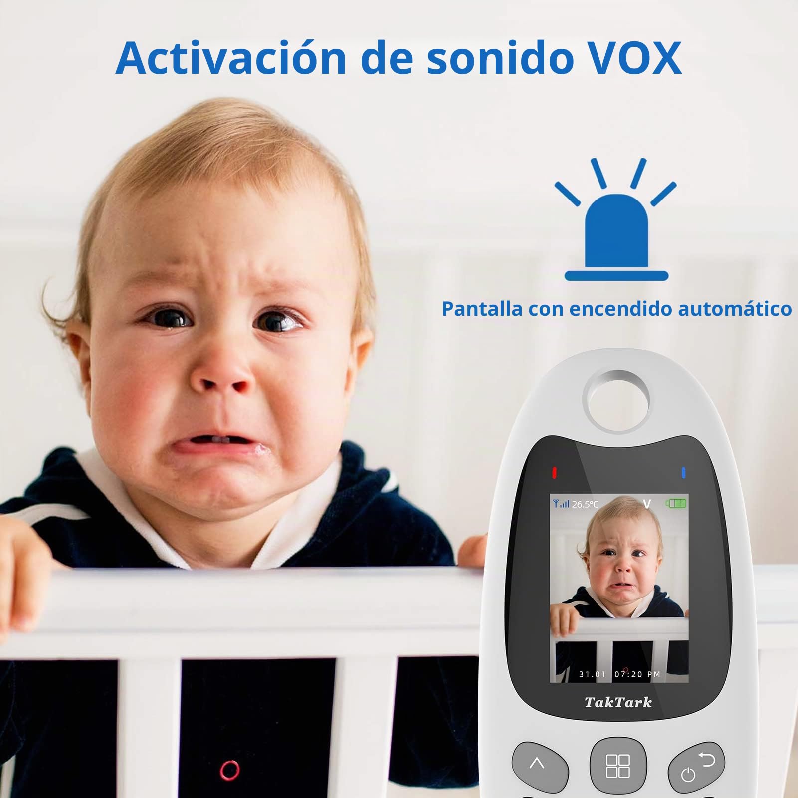 TakTark Vigilabebes con Camara, Inalámbrico Camara Vigilancia Bebe Inteligente Monitor Bebé con LCD 2.0'' y Cámara Visión Nocturna, Comunicación Bidireccional, VOX y Vigilancia de la Temperatura