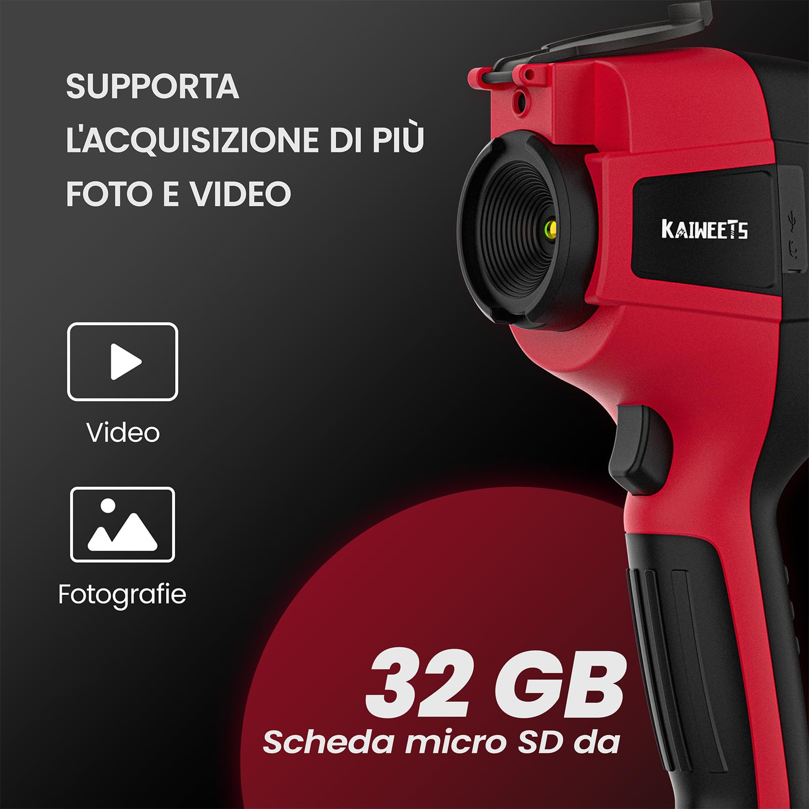 KAIWEETS Termocamera, 256 x 192 Pixel, Frequenza di Aggiornamento 25 Hz, Disponibile Nelle Modalità Infrarossi/Visibile Luce/Doppia Luce, Termocamera da -20℃ a +550℃ con Analisi PC/Registrazione Video