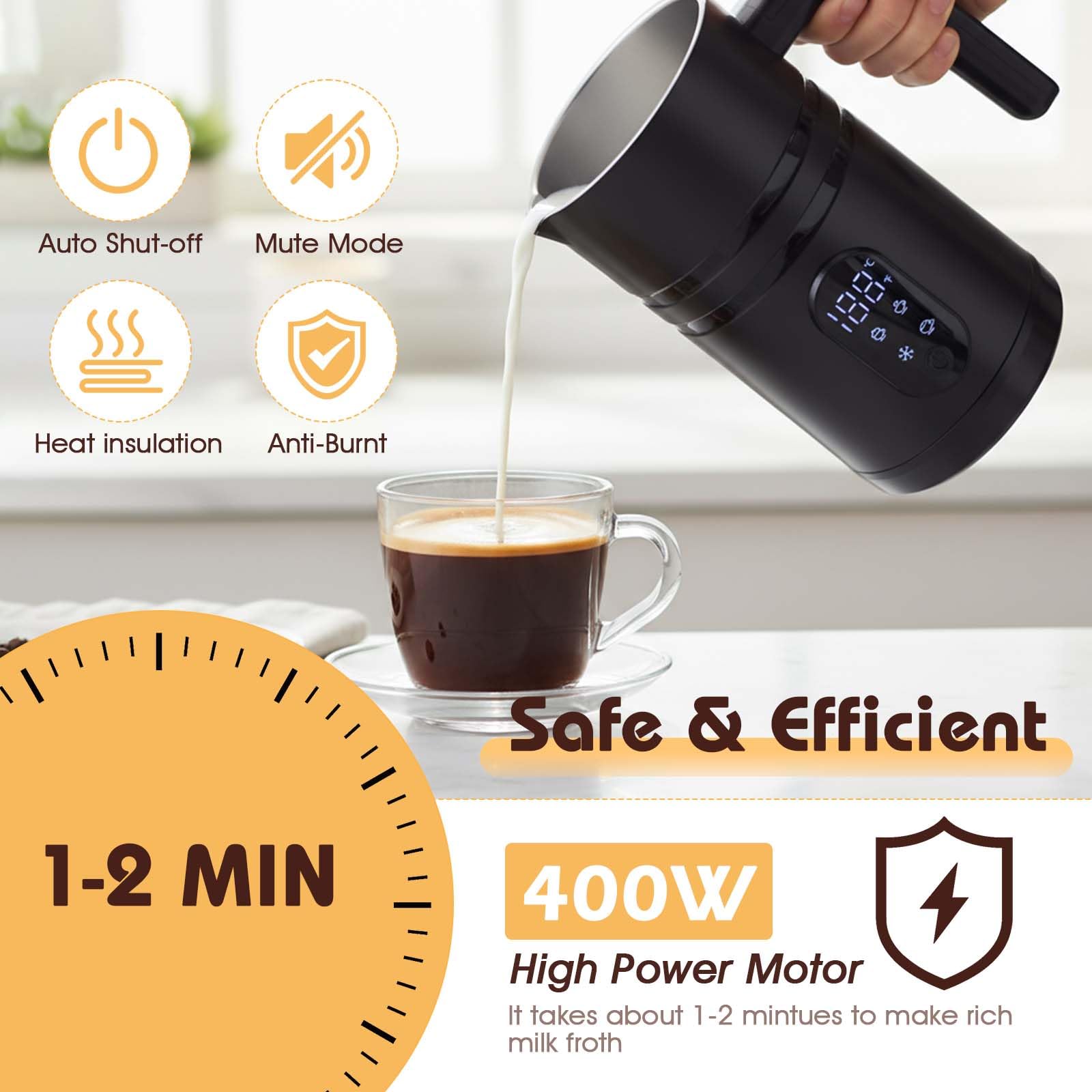GKXLH Elektryczny spieniacz do mleka – 4 w 1 ze wskaźnikiem temperatury, elektryczny spieniacz do mleka o dużej pojemności 350 ml, do kawy, latte, cappuccino i gorącej czekolady (czarny)