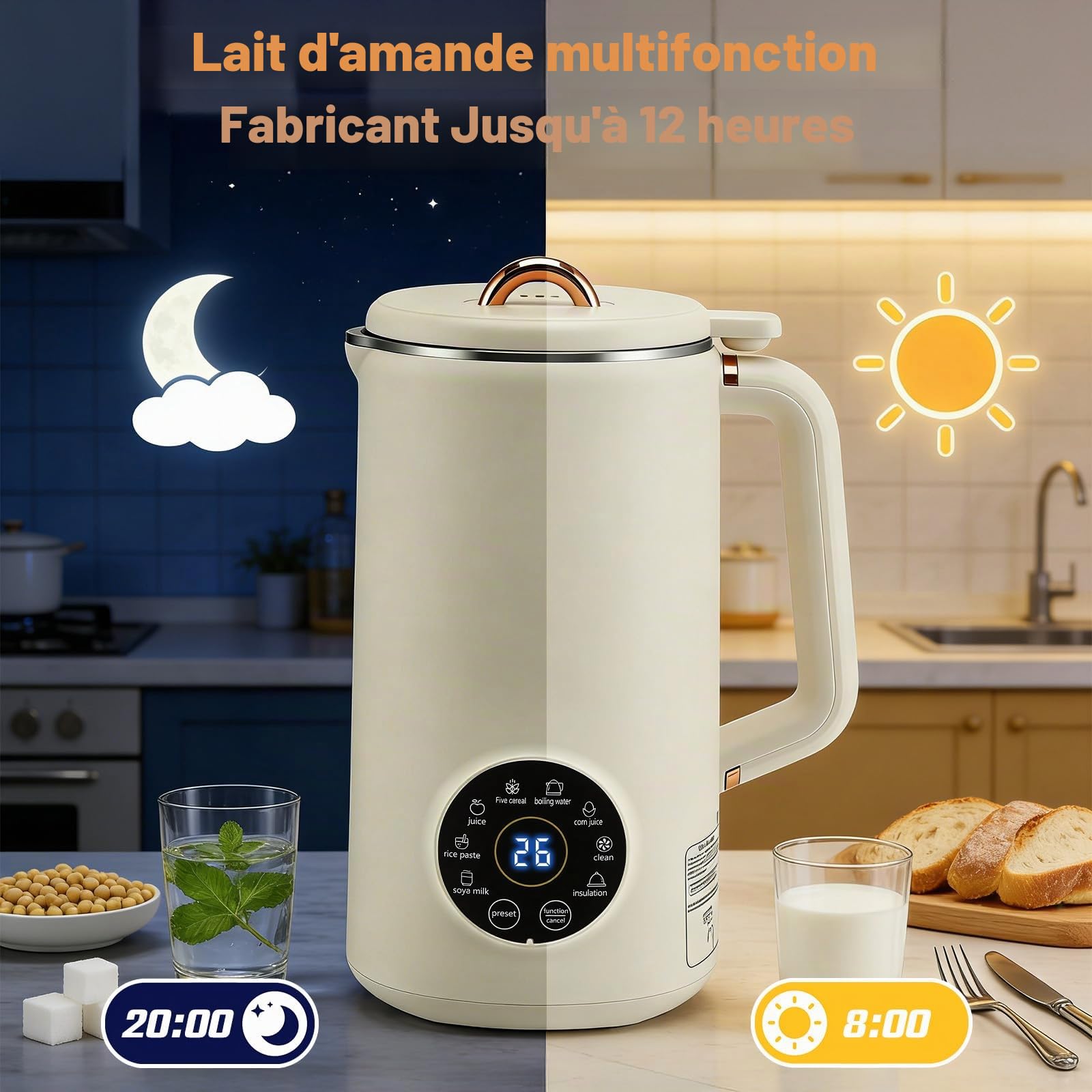 8 IN 1 Machine à lait végétaux, 1000 ml Machine à Lait de Noix Automatique avec 10 Lames, Maintien au Chaud & Auto-Nettoyage, Machine pour Lait Végétal pour Avoine, Soja, Noix, Fruits