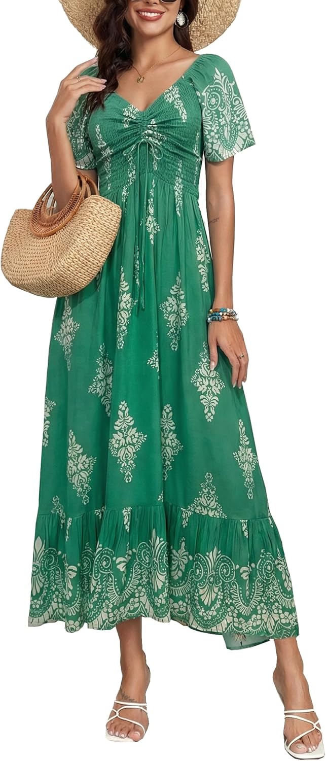 Summer Smocked Boho Maxi Dress for Women 2026 Short Sleeve Floral Smocked Flowy Ruffled Beach Vacation Dresses Lightweight