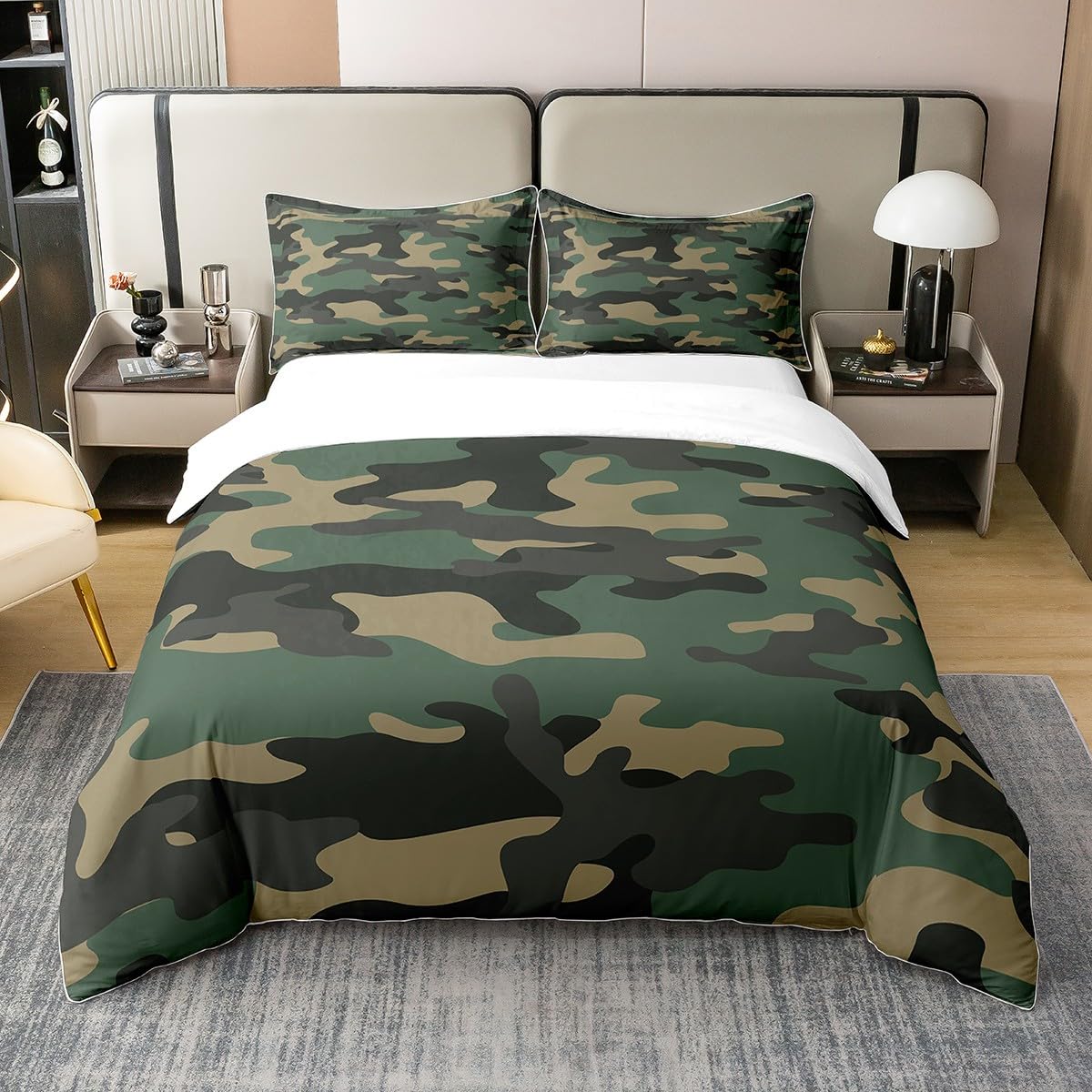Loussiesd Camouflage 100% Cotton Duvet Cover Single Size Camo Print Bedding SetMilitary Style Green Black Yellow Comforter Cover Set