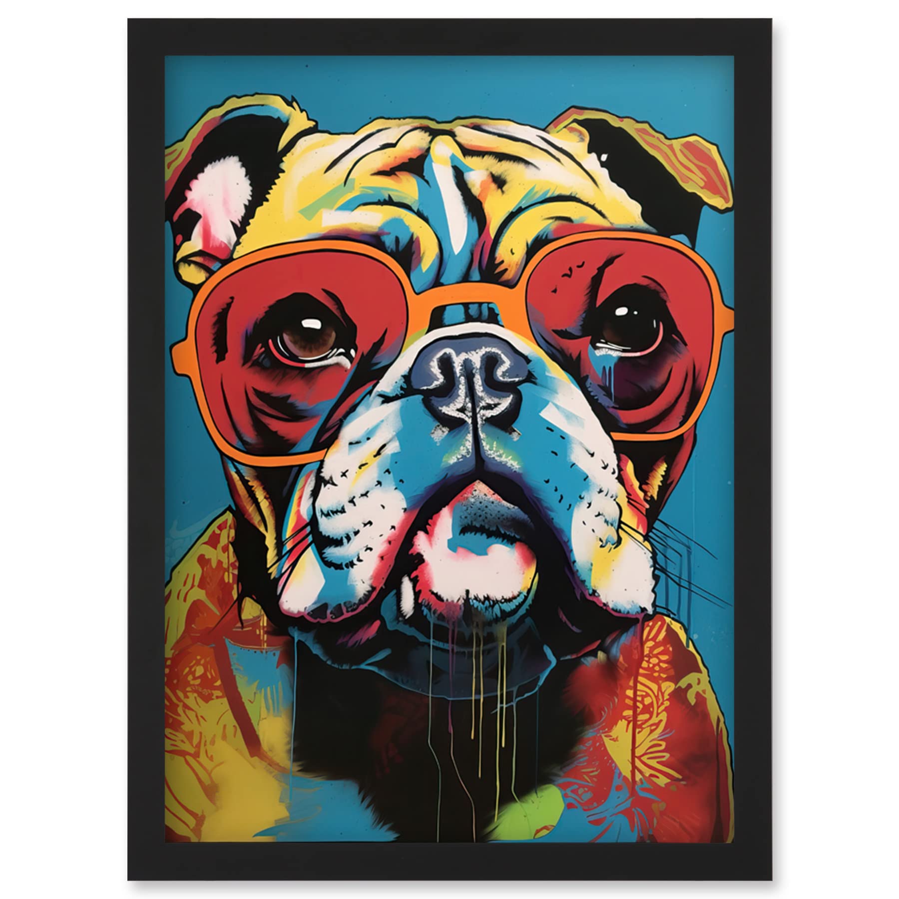 Artery8 English Bulldog Wearing Sunglasses Modern Pop Art Artwork Framed Wall Art Print A4
