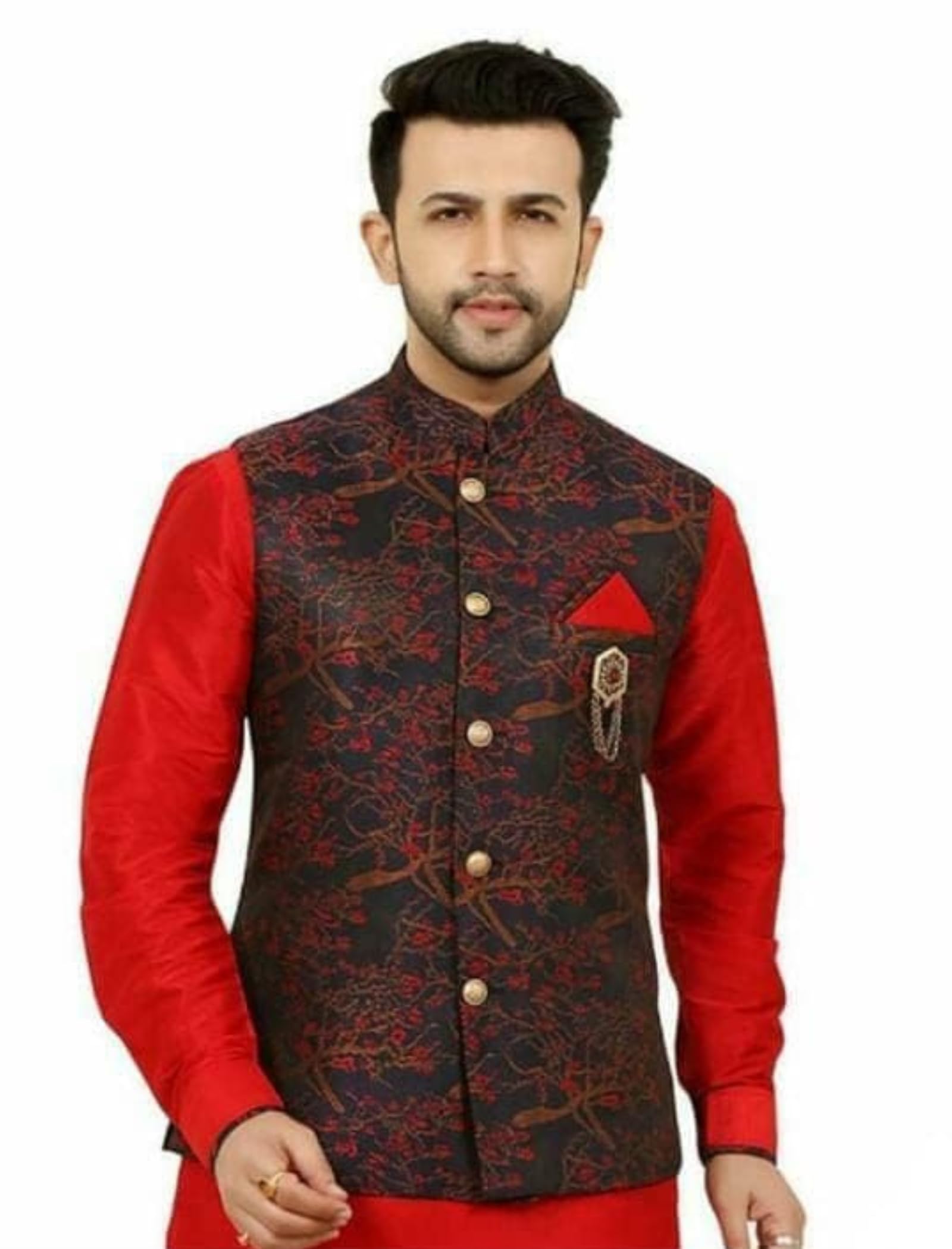 amzira Men's Ethnic Wear Silk Blend Red-Blue Printed Only Nehru Jacket-picture-27