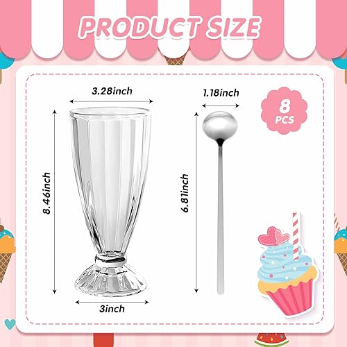 Miniatura 2 de 8 piezas de vidrio de batido transparente para helado con 8 cucharas largas de acero inoxidable tazas de soda para cerveza y postre