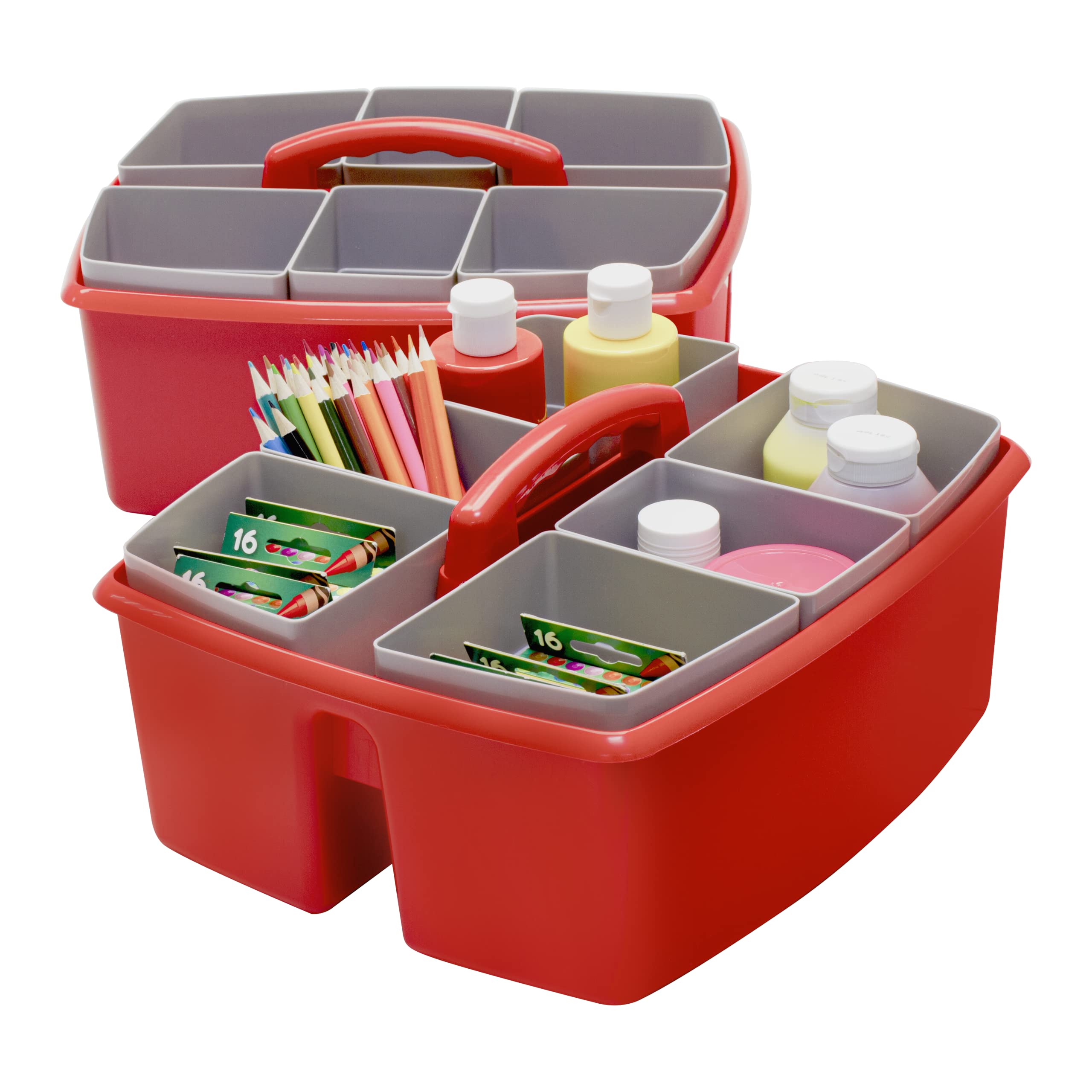 Storex Large Classroom Caddy with Cups, 13 x 11 x 6.575 Inches, Red, Case of 2 (00981A02C)