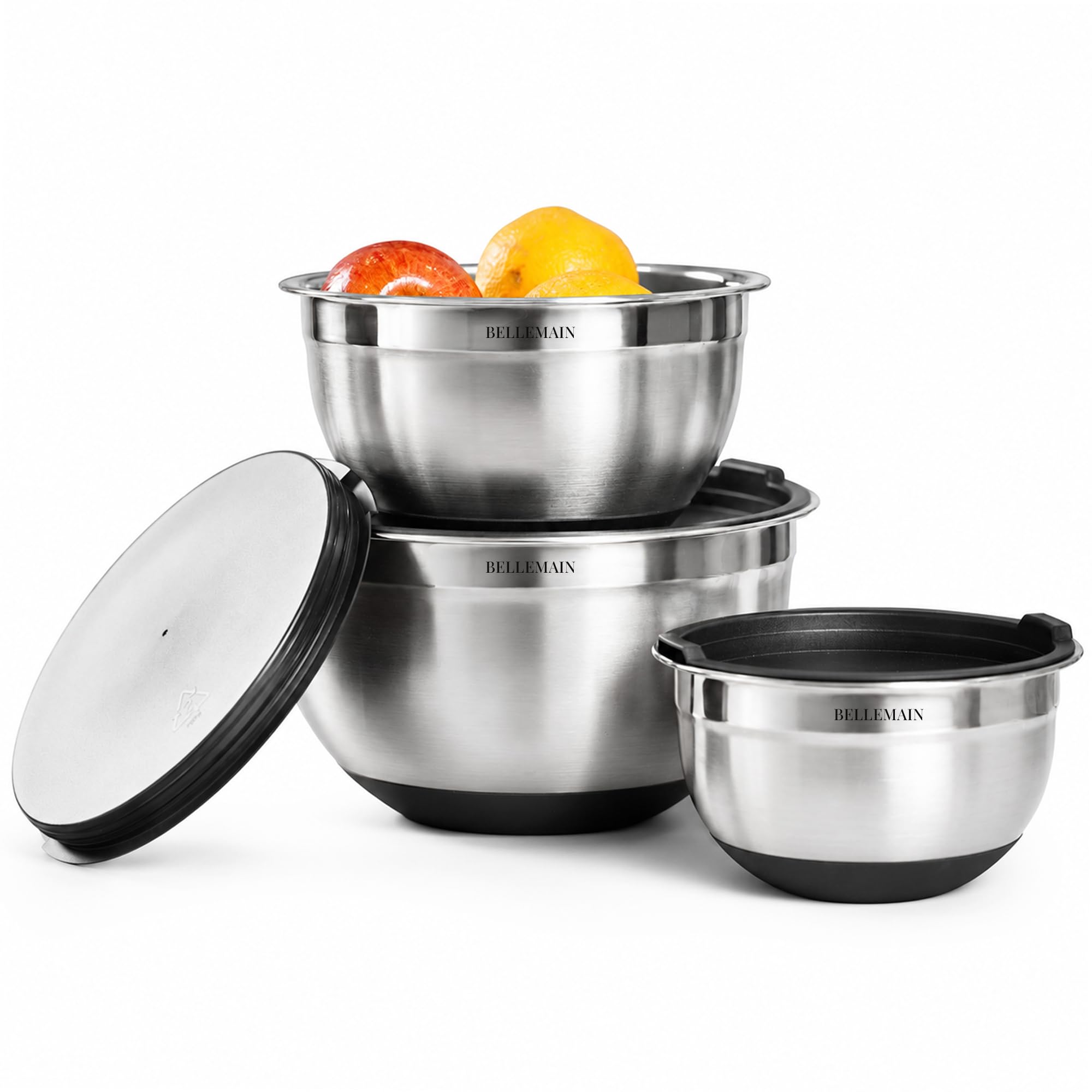 Bellemain Ciotole in acciaio inox antiscivolo con coperchi (3 pezzi, argento/nero)