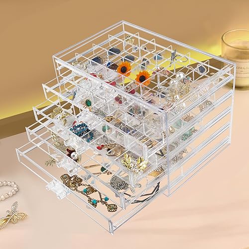 Miniatura 2 de Caja organizadora de joyas, soporte acrílico para joyas, almacenamiento de joyas transparente con 5 cajones para mujeres, niñas y hombres