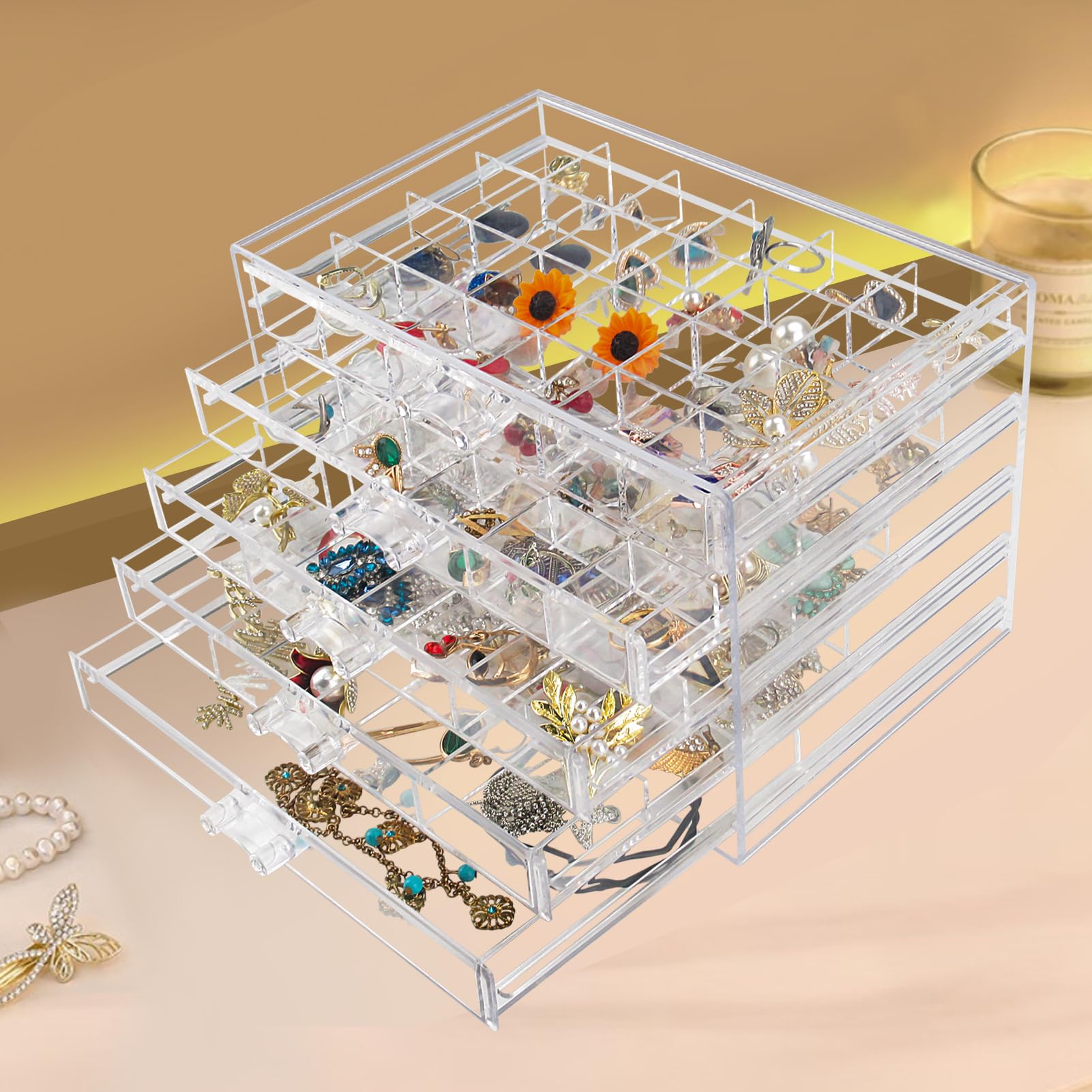 Ptaedex Jewelry Organizer Box, Acrylic Jewelry Holder Clear Jewelry Storage with 5 Drawers for Women Girls Men
