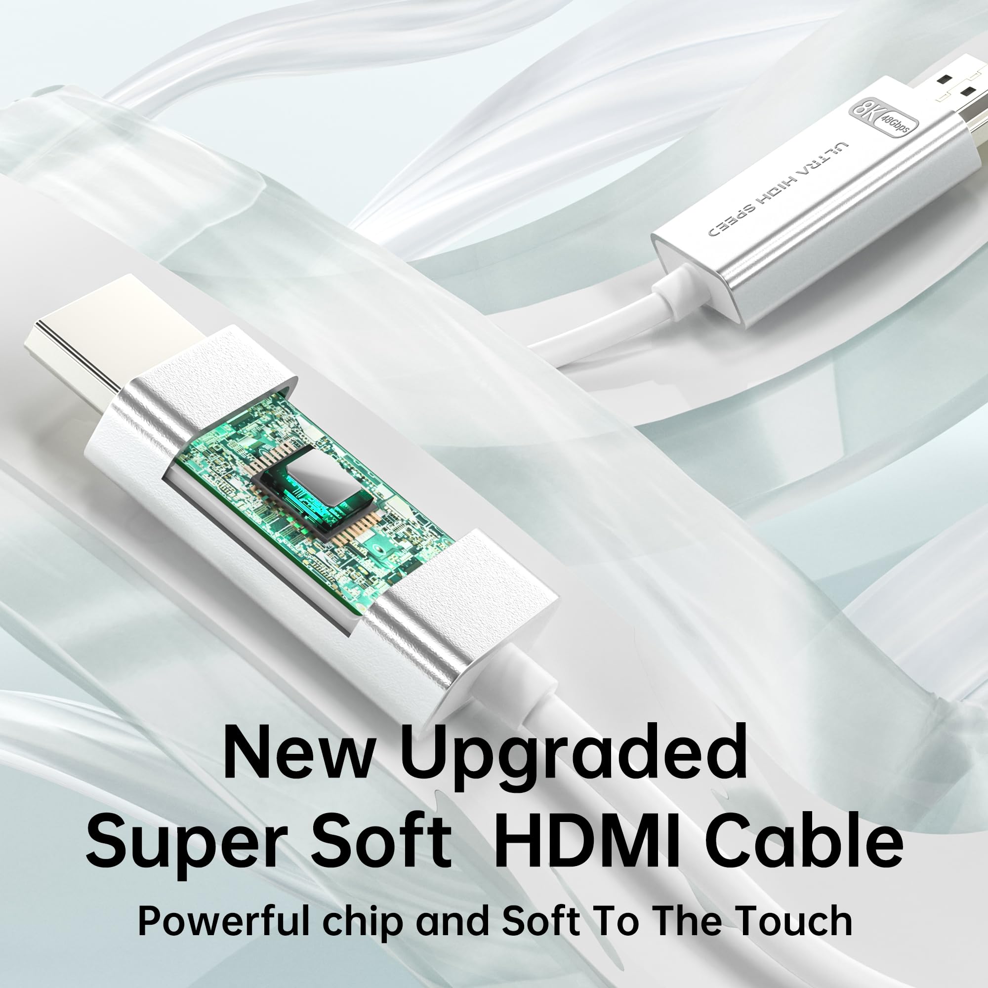 Cable HDMI 2.1 de fibra óptica 10K 8K de 25 pies, cable HDMI largo blanco súper flexible de 48 Gbps, 8K60Hz y 4K120Hz, compatible con Dolby, HDCP 2.2 y 2.3, HDR 10, compatible con Blu-ray Roku