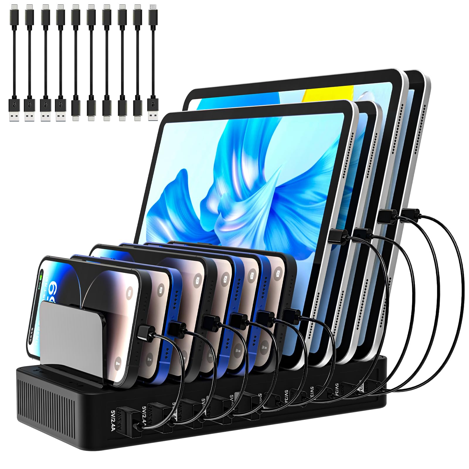 Charging Station for Multiple Devices, 100W 10 Ports Flat Plug Charging Dock with 10 Cables Smart IC Tech and Adjustable Dividers Type-C，Multi USB Charger for iPhone Galaxy iPad Tablet，Black
