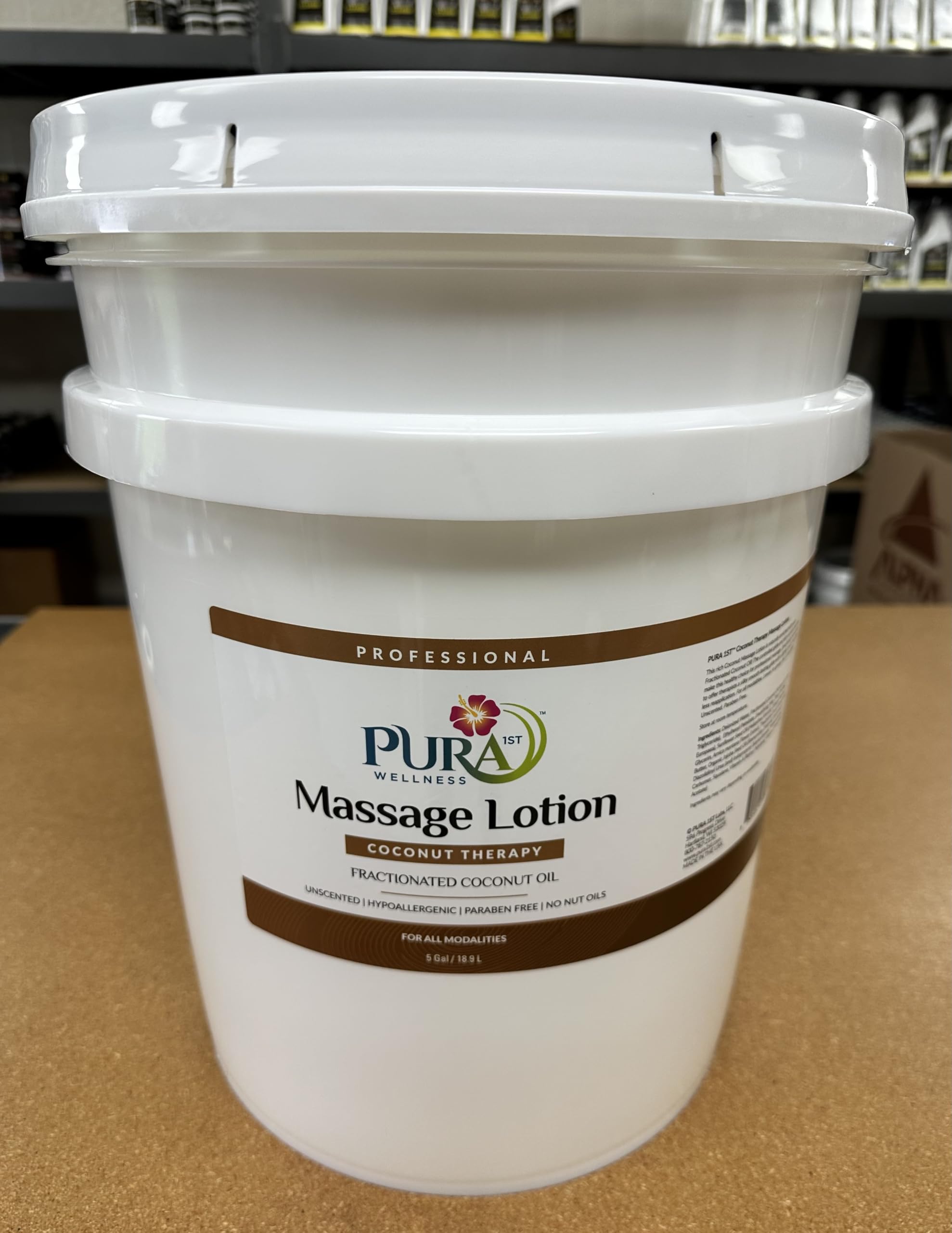 PURA 1ST Professional Coconut Therapy Massage Lotion, Coconut Oil, Unscented, Hypoallergenic, Non-Greasy, Natural, Skin Moisturizing, Deep Tissue, Skin Hydrating, Wellness, Physical Therapy, 5 Gallon