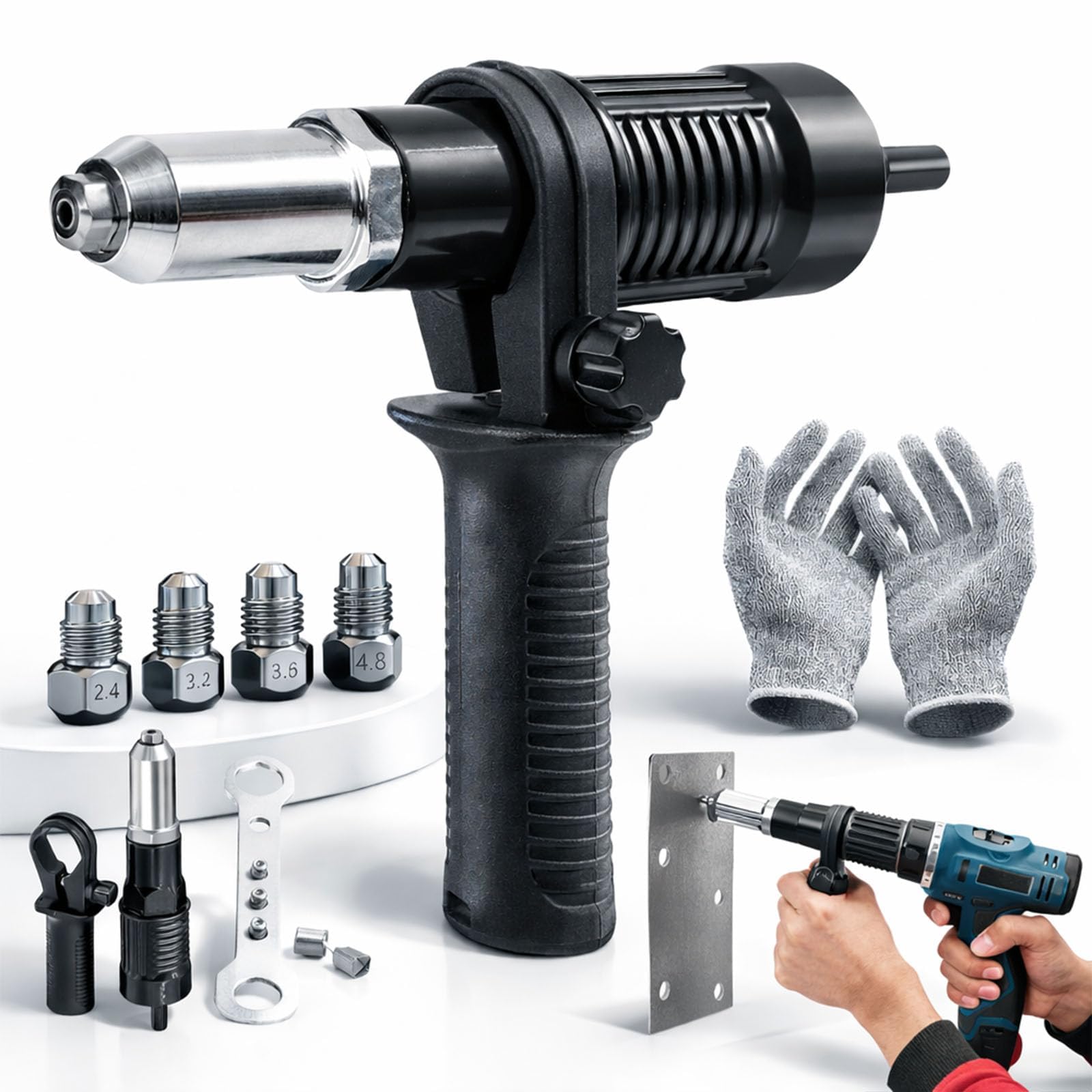 Professional Electric Rivet Gun Adapter Kit, Pro-Grade Electric Rivet Gun Adapter with Removable Handle 4 Rivet Heads for Cordless Screwdrivers and