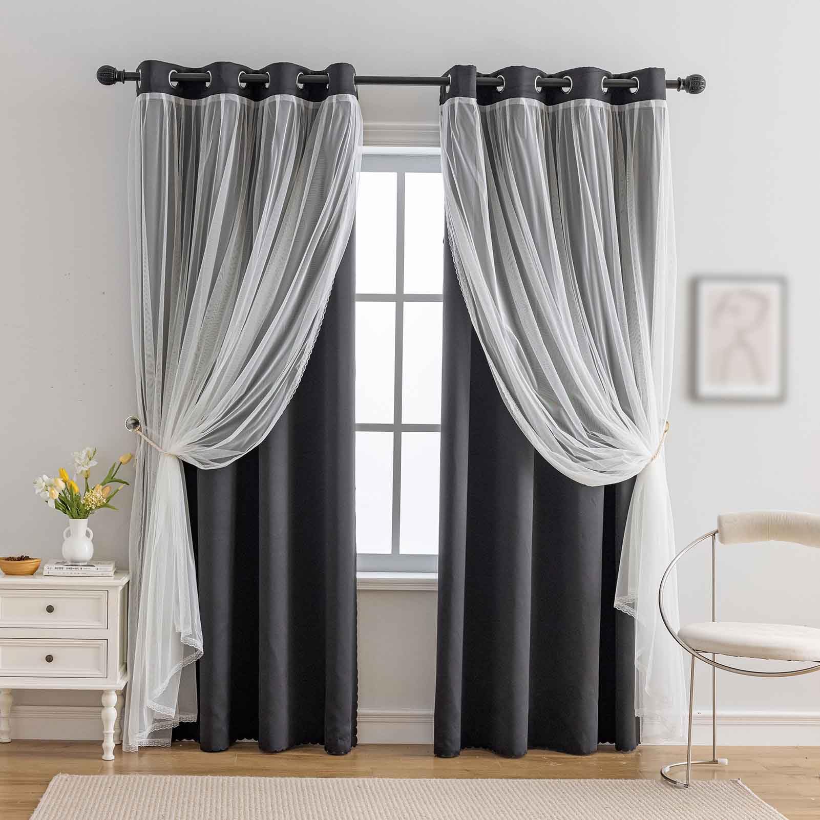 indistar Home Blackout Curtains Double Layer Solid Sheer Grommet Top Window Curtain Panel Pair, 52Wx63L,Black