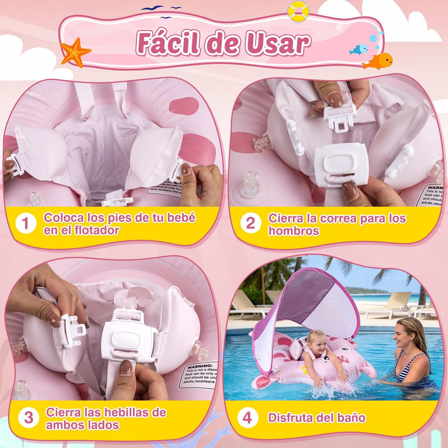 Flotador Bebe con Sombrilla, Protección UV UPF 50+, Anillo de Natación Inflable Bebé con Asiento Seguridad y Bola de Equilibrio Antivuelco, Flotadores de Piscina para Bebes 10-36 Meses