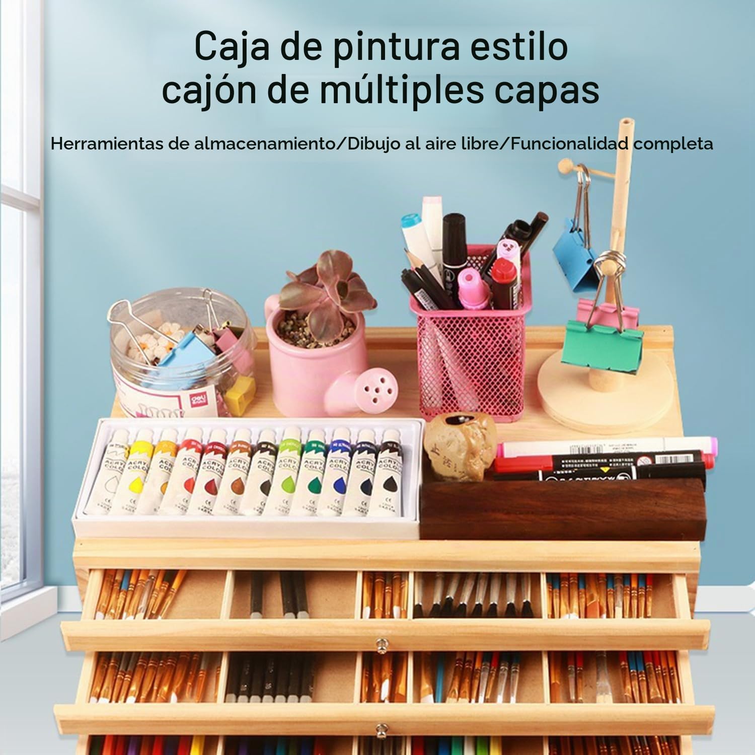 5 Cajones Caja De Almacenamiento Para Artistas 40x26x12.3 cm,Caja Organizadora De Suministros De Artista De Madera,Multifunción,Para Herramientas Artísticas Como Lápices,Rotuladores,Pinceles o Joyas