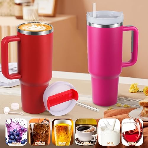 Miniatura 5 de Vaso aislado al vacío de acero inoxidable de 40 onzas con tapa y popote para agua, batidos y más, té helado o café (rojo navideño)