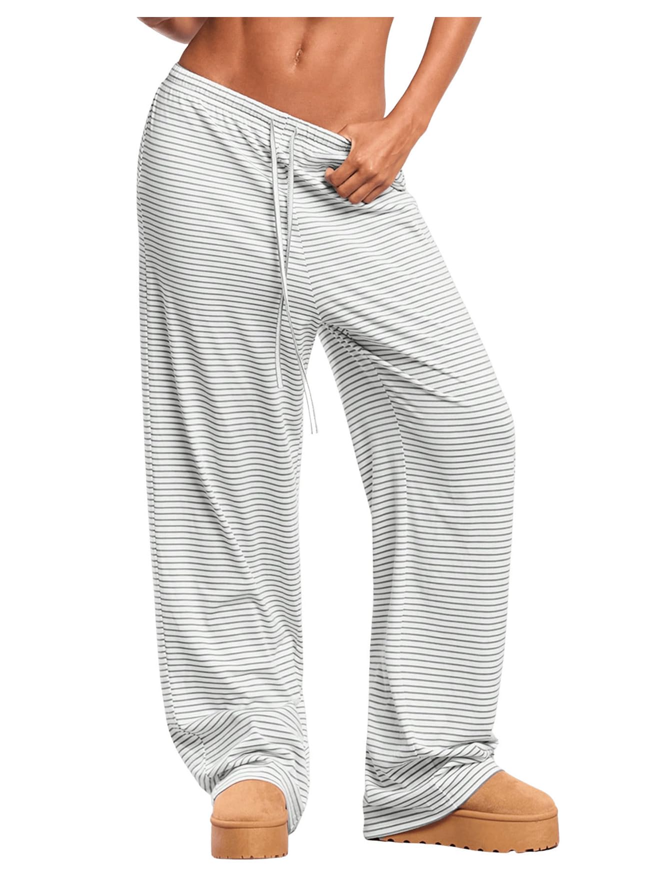 WDIRARA Womens Striped Drawstring Elastic Waist Pants Wide Leg Loose Lounge Pants
