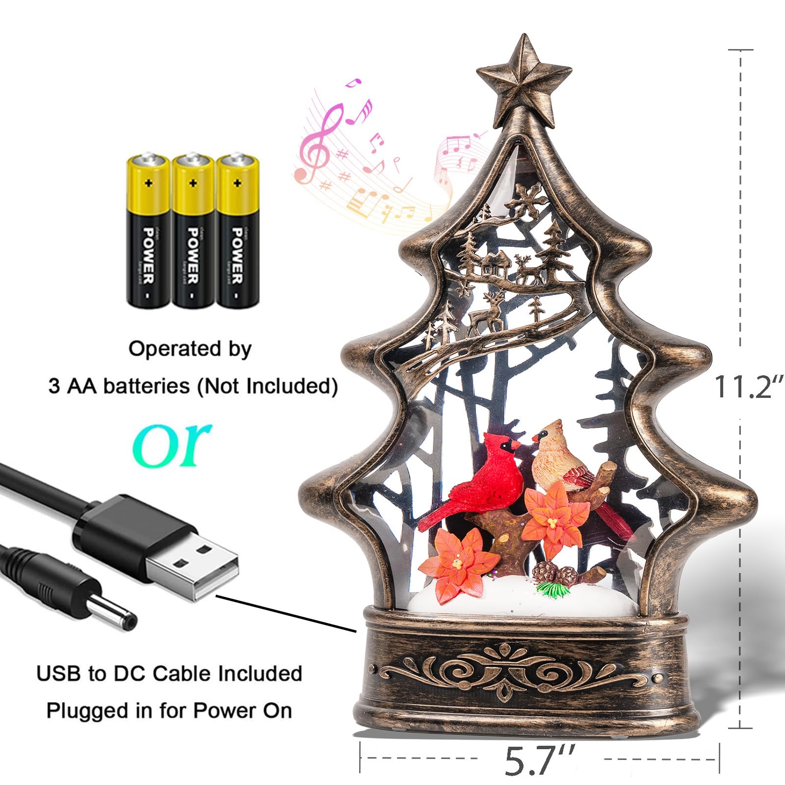 11.2-inch Snow Globe Light & Cardinal Birds,USB/Battery Powered Timed Music Box, Christmas Home Decor Gift