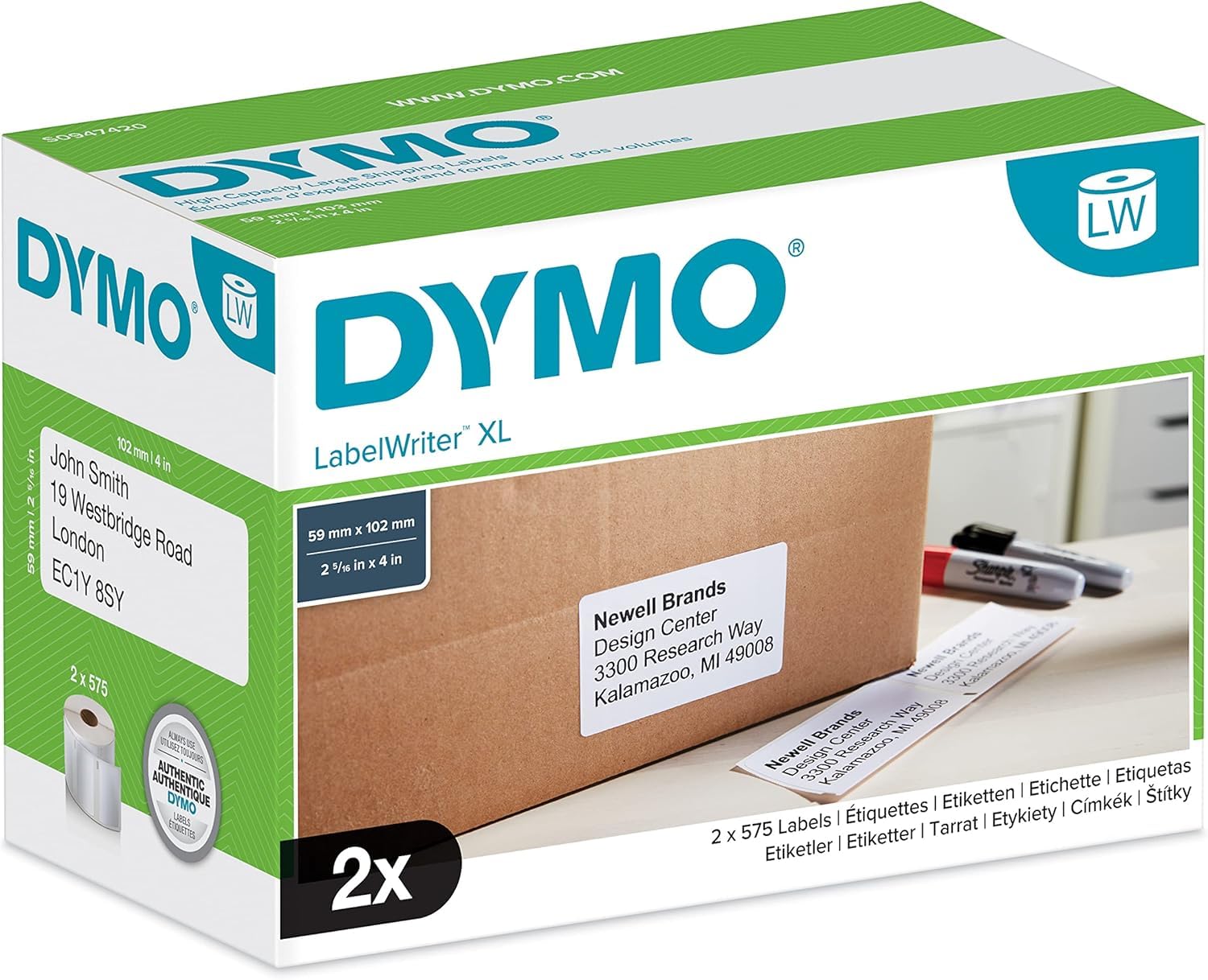 Oryginalne wydajne etykiety wysyłkowe DYMO LabelWriter | Etykiety DYMO do drukarek etykiet LabelWriter (59 mm x 102 mm) | 2 rolki po 575 etykiet (1150 etykiet wysyłkowych)
