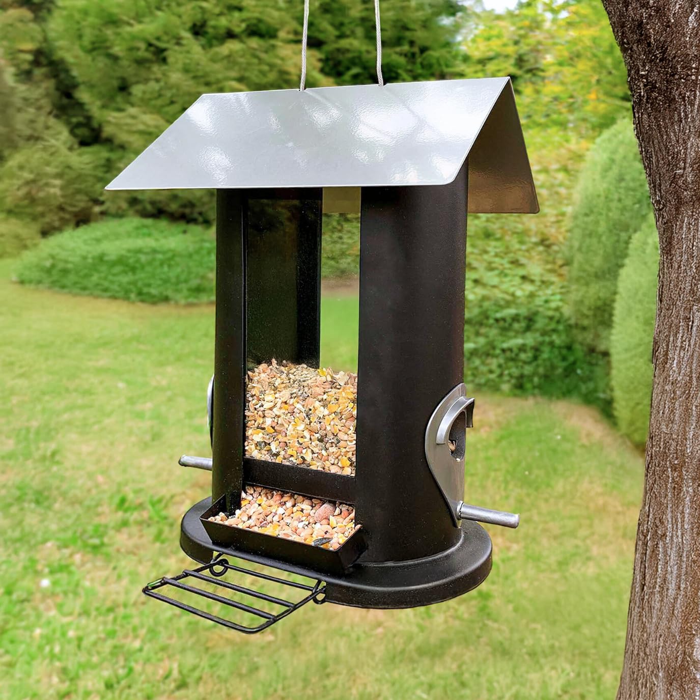 Garden Mile Metal Hanging Bird Seed Feeder – Oval Wild Bird Feeder with 4 Feeding Ports & Roof – All Weather Outdoor Garden Feeding Station for Finches, Robins & Small Birds