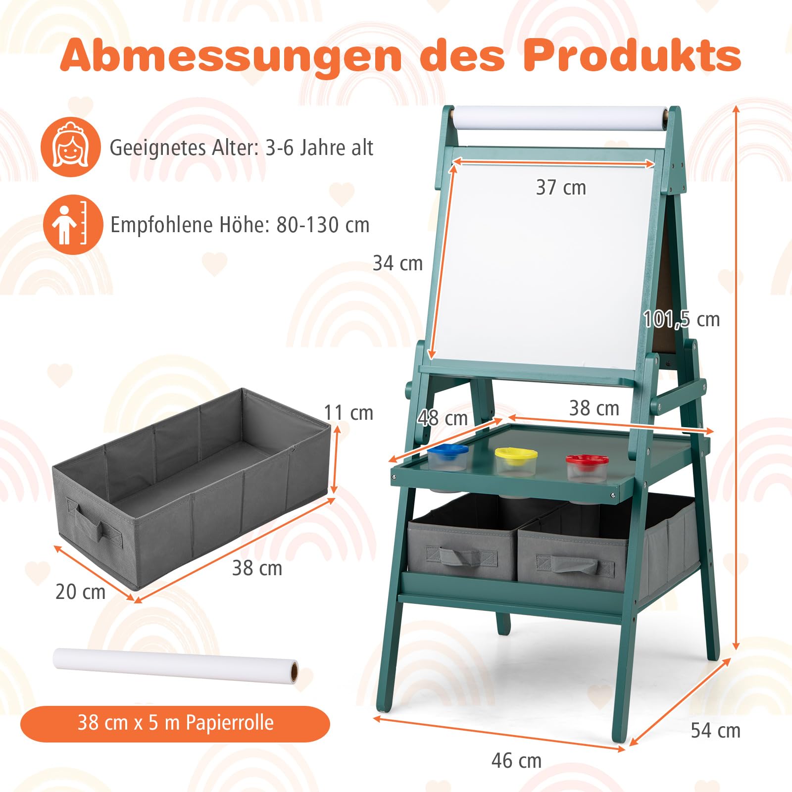 DREAMADE 3 in 1 Kinder Staffelei, doppelseitige Staffelei mit magnetischem Whiteboard, Kreidetafel, Papierrolle, 4 Farbbechern & 2 Stoffboxen, Kunststaffelei für Kinder ab 3 Jahre (Dunkelgrün)
