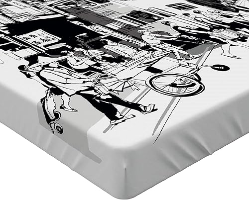Miniatura 2 de Lunarable Sábana bajera ajustable de Hong Kong, centro monocromático de calle china con impresión de escena urbana de carretera abarrotada, ropa de