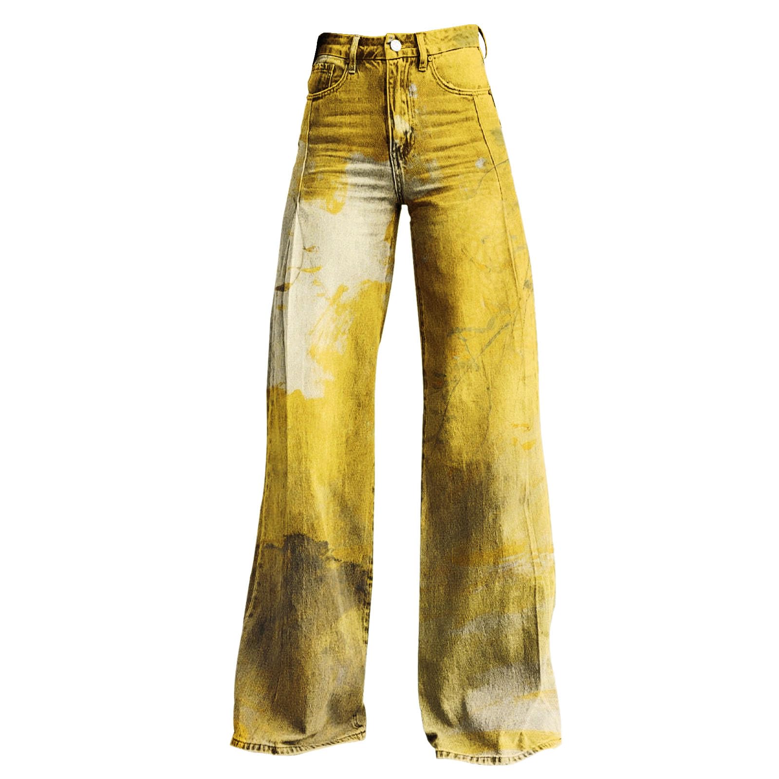 Pantalon évasé pour femme - Taille haute - Extra long - Jambes larges - Dégradé de couleurs - Pantalon en denim des années 70 - Élégant rétro - Avec poches et boutons