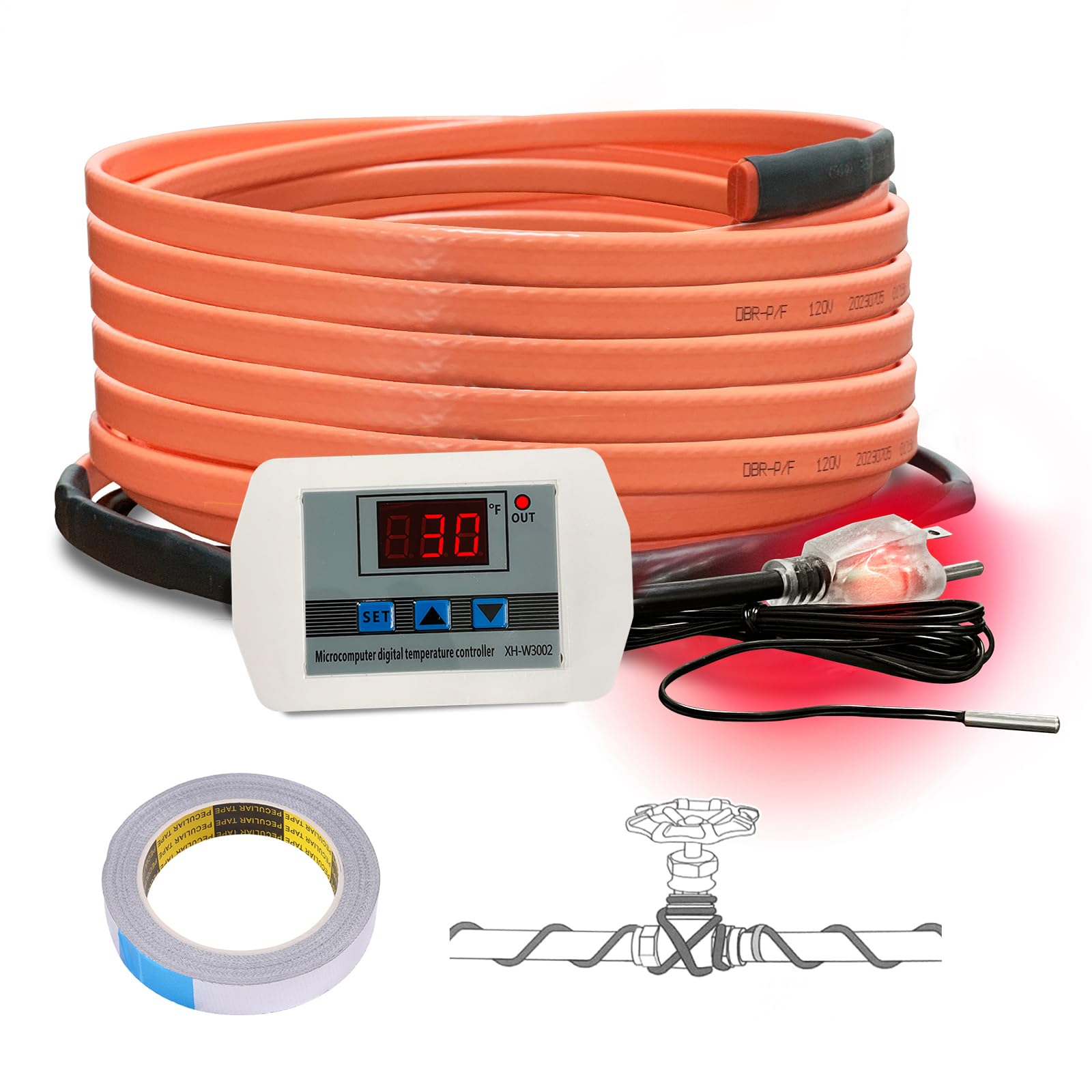 Cupohus 25ft RV Pipe Heat Cable with Digital Thermostat Display, Self-Regulating 110-120V