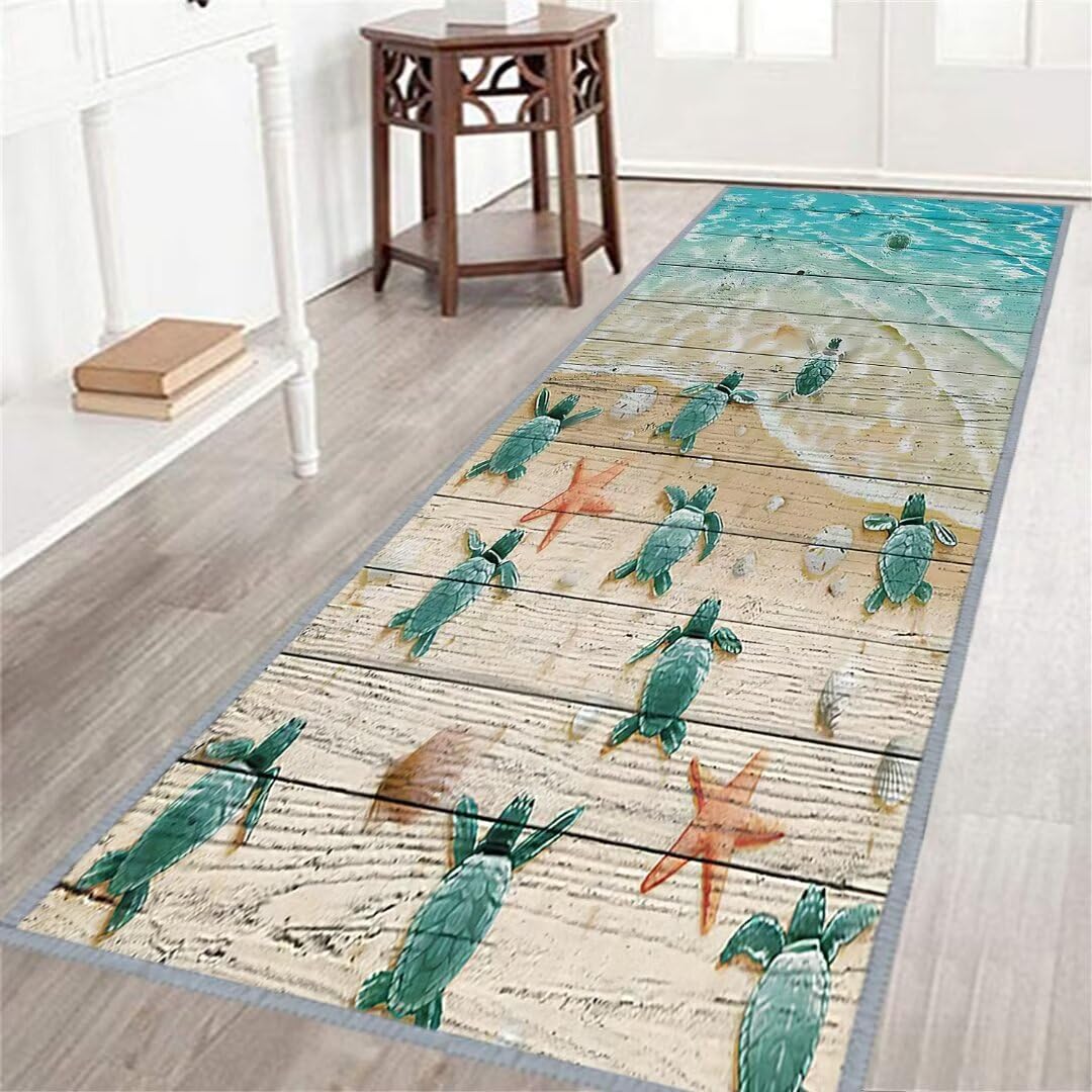 Beach Coastal Runner Rug for Hallway 2x6 Sea Turtle Rugs Nautical Hallway Rugs Teal Blue Area Rug,Turtles on Rustic Vintage Wood Panels,Non-Slip Floor