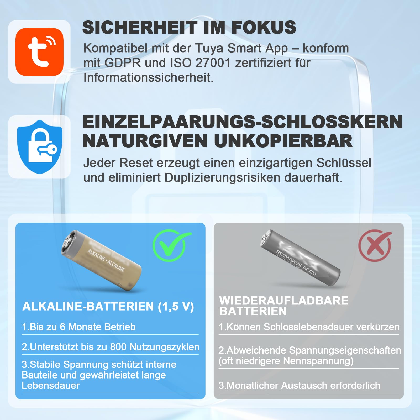Türschloss Fingerabdruck, Fingerabdruck Schloss, Verstellbare Länge elektronisches türschloss, Smart Lock mit RFID-Karte, App, WLAN, Bluetooth-Entriegelung,Verlängerungszubehör,60–90 mm,Silber