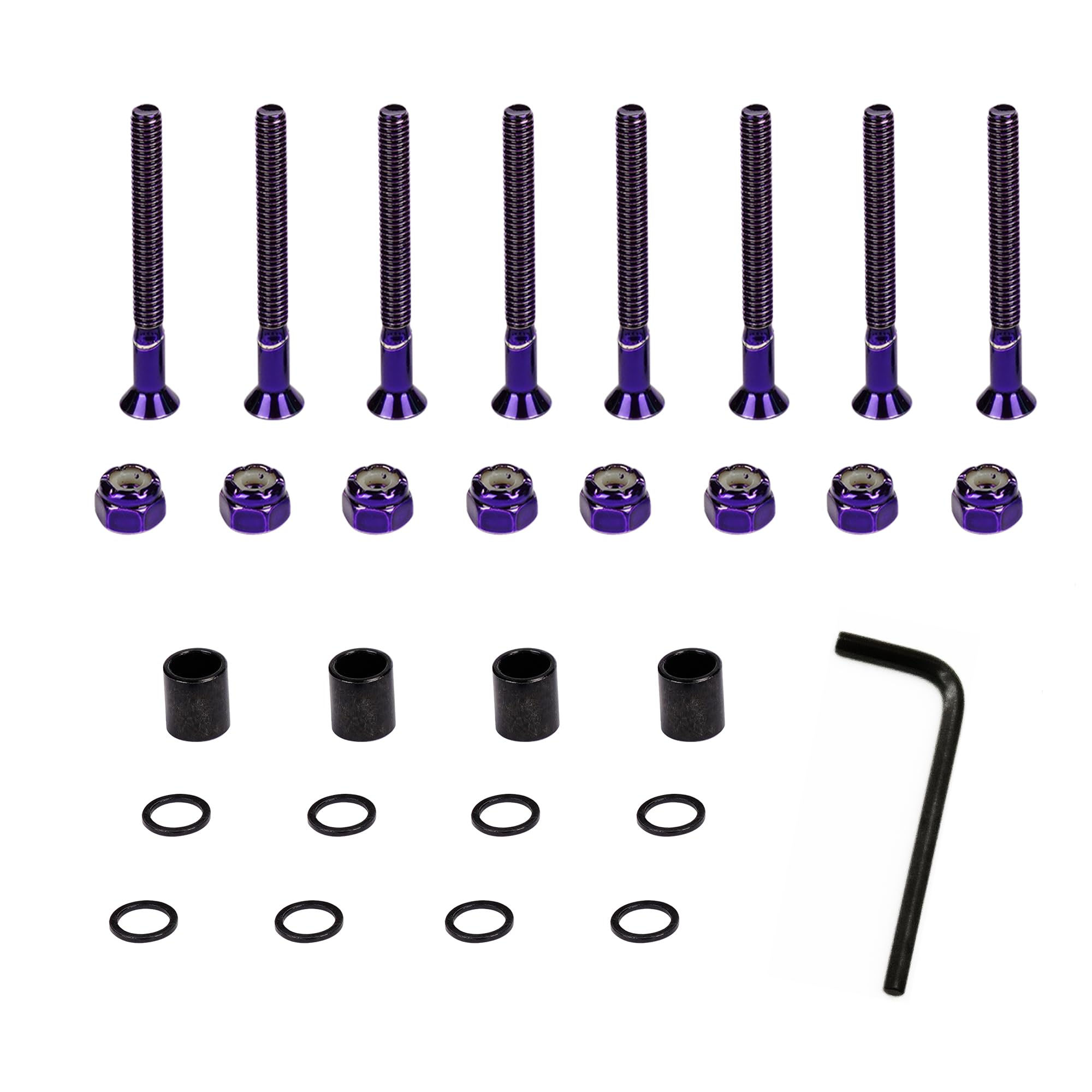 IMPORX Skateboard Purple Hardware Kit - Mounting Screws & Nuts Set for Longboard Skateboard & Cruiser - Ultra Strong Alloy Steel Bolts Designed for Life (8X Bolts, 8X Nuts 4X Spacers 8X Washers)