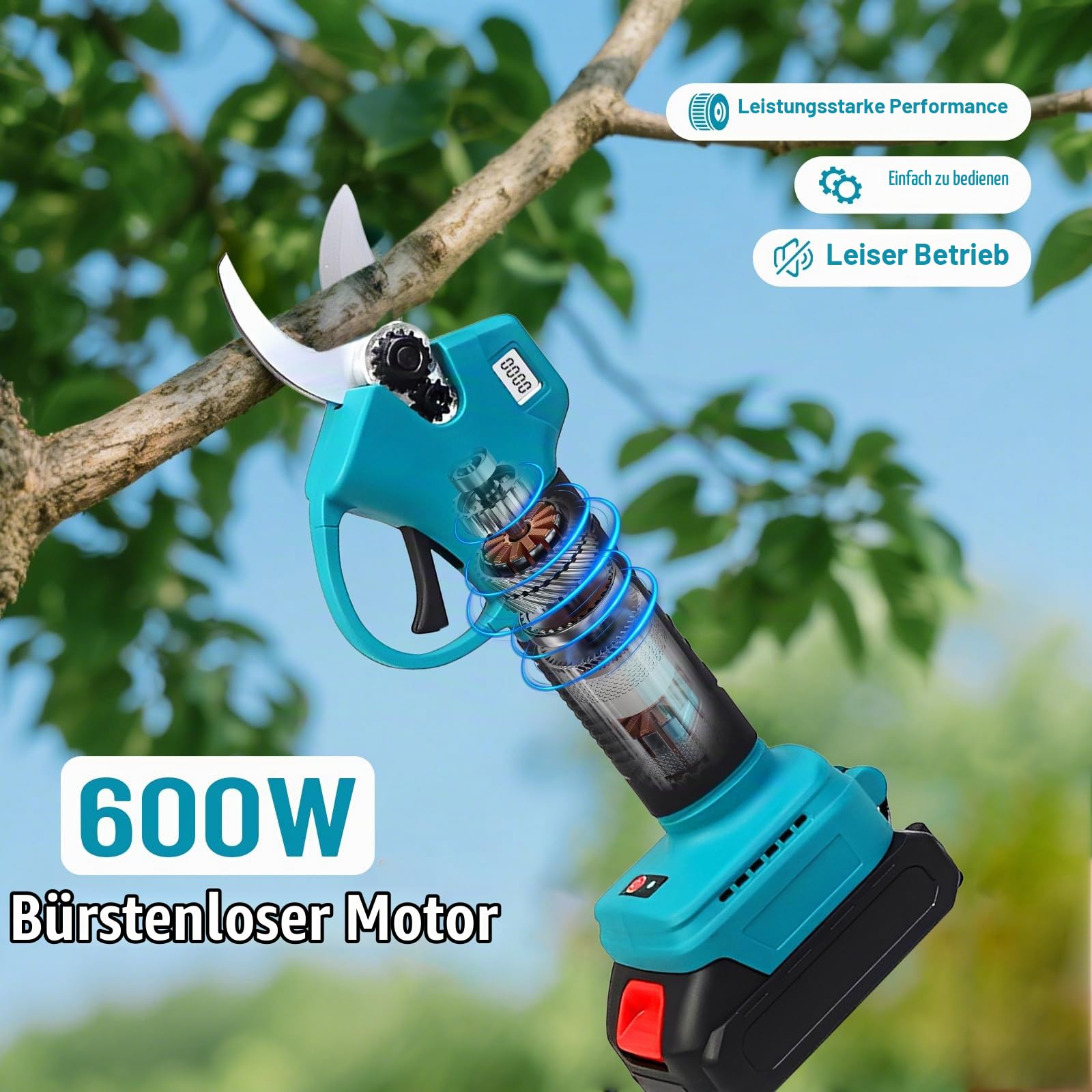 Akku Teleskop Astschere Profi Set 180° schwenkbarer Schneidkopf | 2X 2000mAh Li-Ion Akku inkl. Schultergurt, Handschuhe, Schutzbrille Zubehör für Obstbaum und Gartenbau