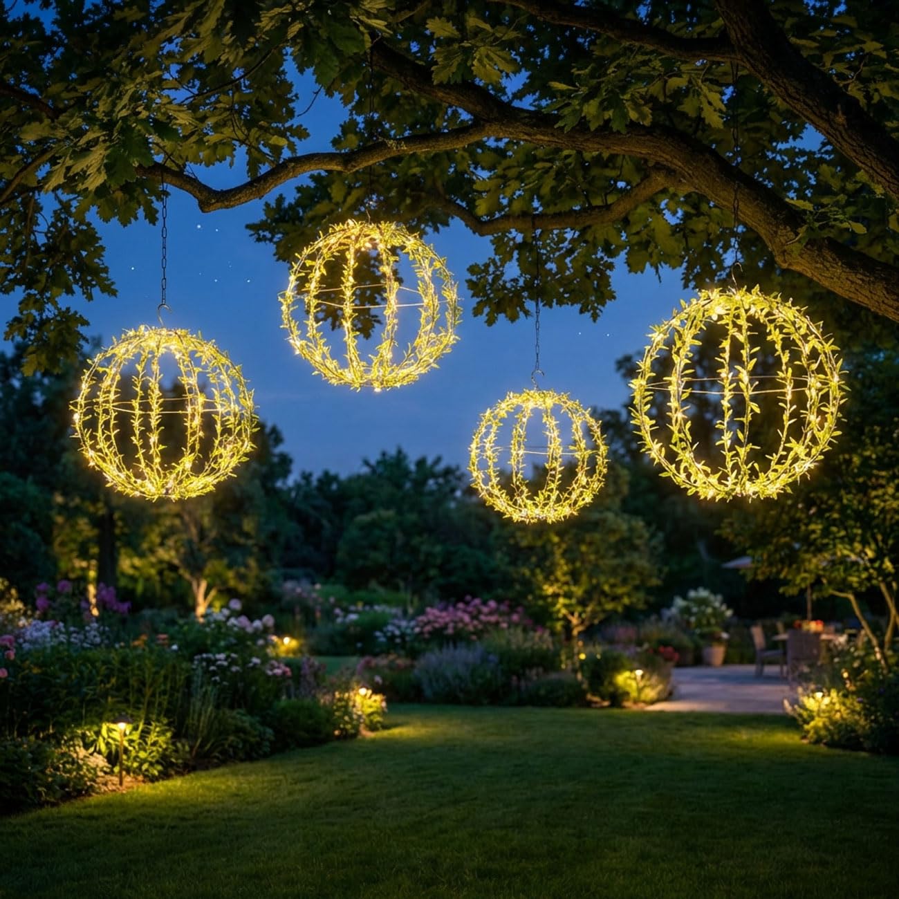 ideoon 4er-Set Solar Leuchtkugel im Blätterdesign - Ø40cm Gartenkugel mit 144 Warmweißen LEDs - IP44 Außenleuchte inkl. Erdspieß, S-Haken und Solarpanel