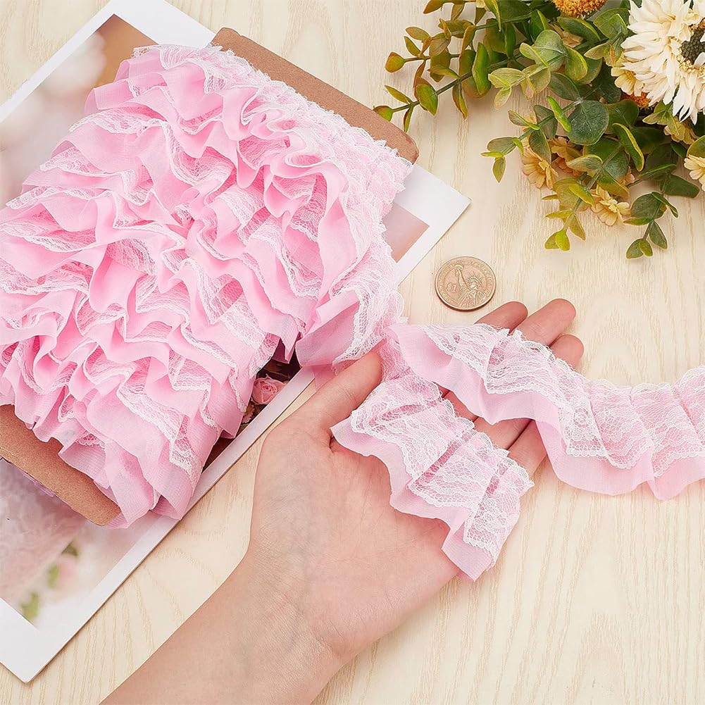 GORGECRAFT 11 Yards Pink Double-Layer Pleated Chiffon Lace Trim 5cm Wide 2-Layer Gathered Ruffle Trim Edging Tulle Trimmings Fabric Ribbon Jacquard lace for DIY Sewing Crafts Pillowcase Embellishments