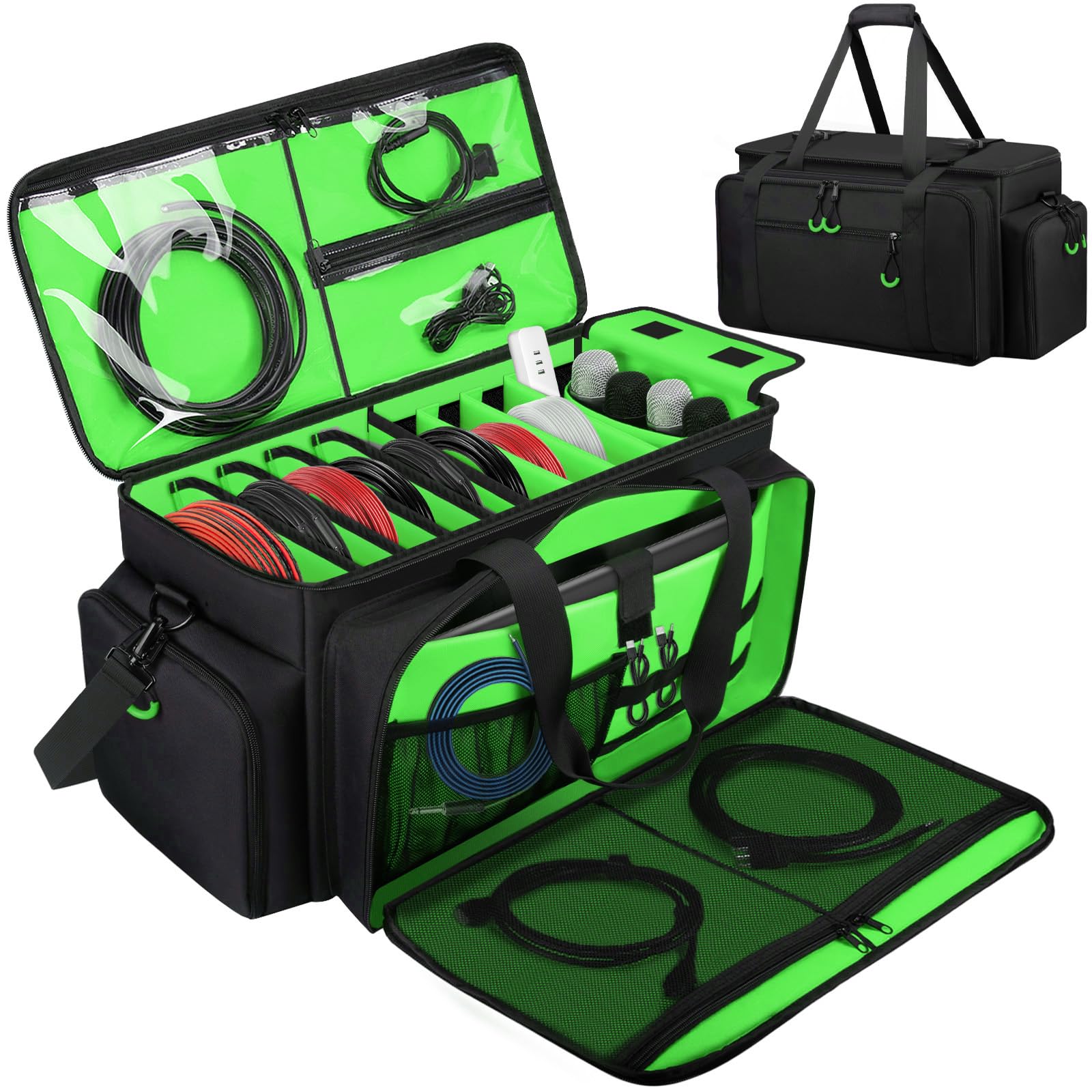 Large Dj Cable Bag with Detachable Dividers, Bottom Pad