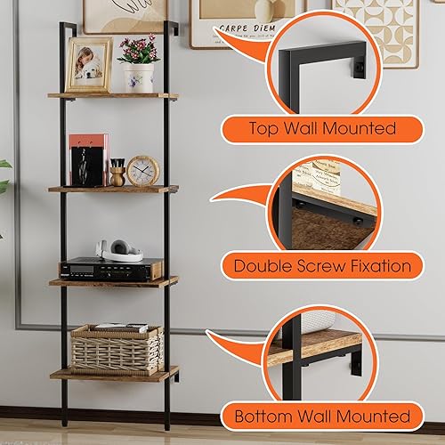 Miniatura 8 de Ladder Shelf 4 Tiers Metal Industrial Bookshelf,Brown Wood Tall Open Storage Rack and Display Shelves,Wall Mount Wide Book Case for Home Office